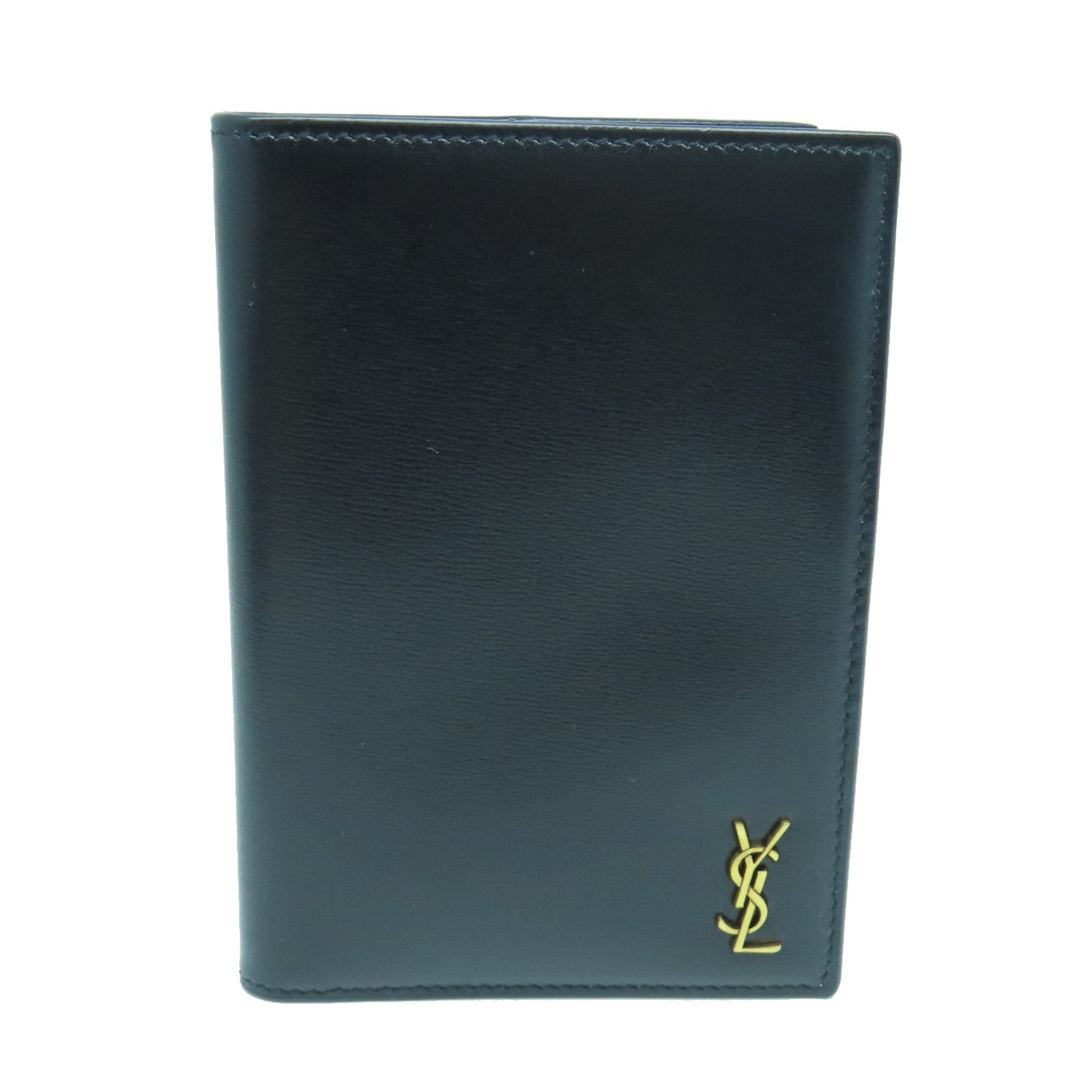SAINT LAURENT Calfskin Leather Wallet Gold Buckle Wallet Black