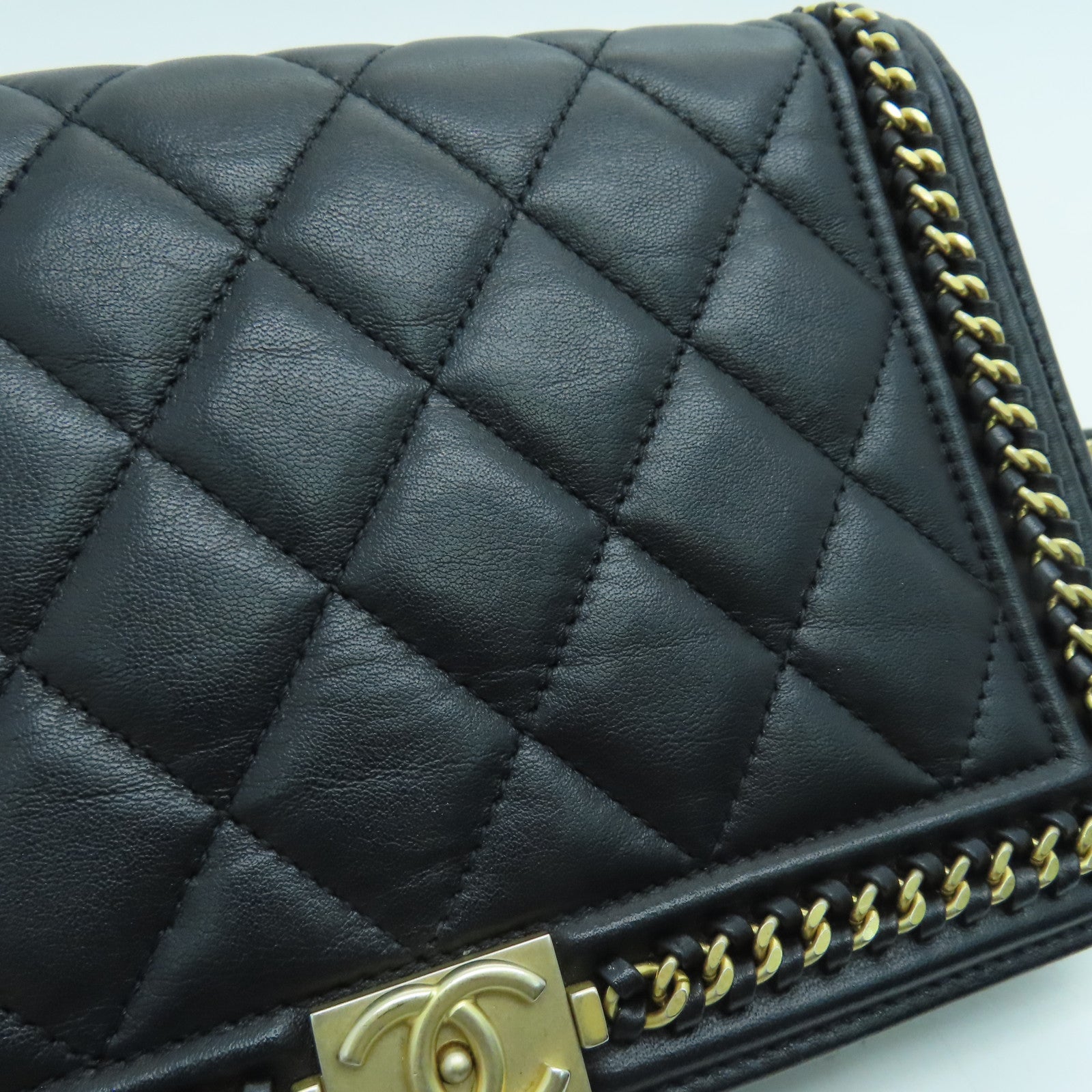 CHANEL 菱格牛皮皮革Wallet on chain链带肩背袋金扣黑色