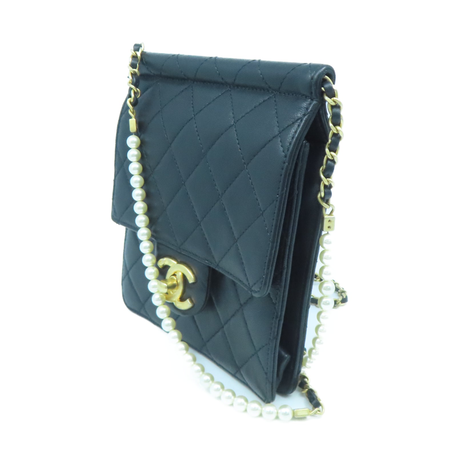 CHANEL 菱格牛皮皮革Chain Shoulder金扣鏈帶肩背袋黑色