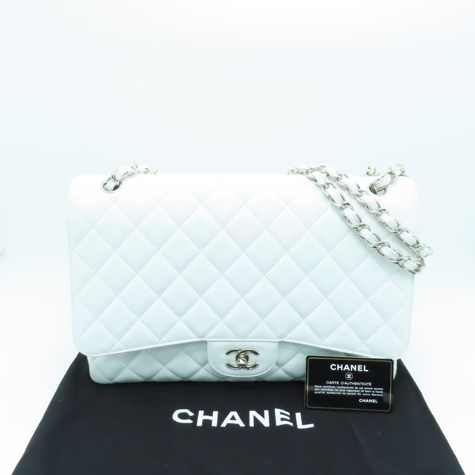 CHANEL Caviar Leather Classic Maxi Jumbo Silver Buckle Chain Shoulder Bag White