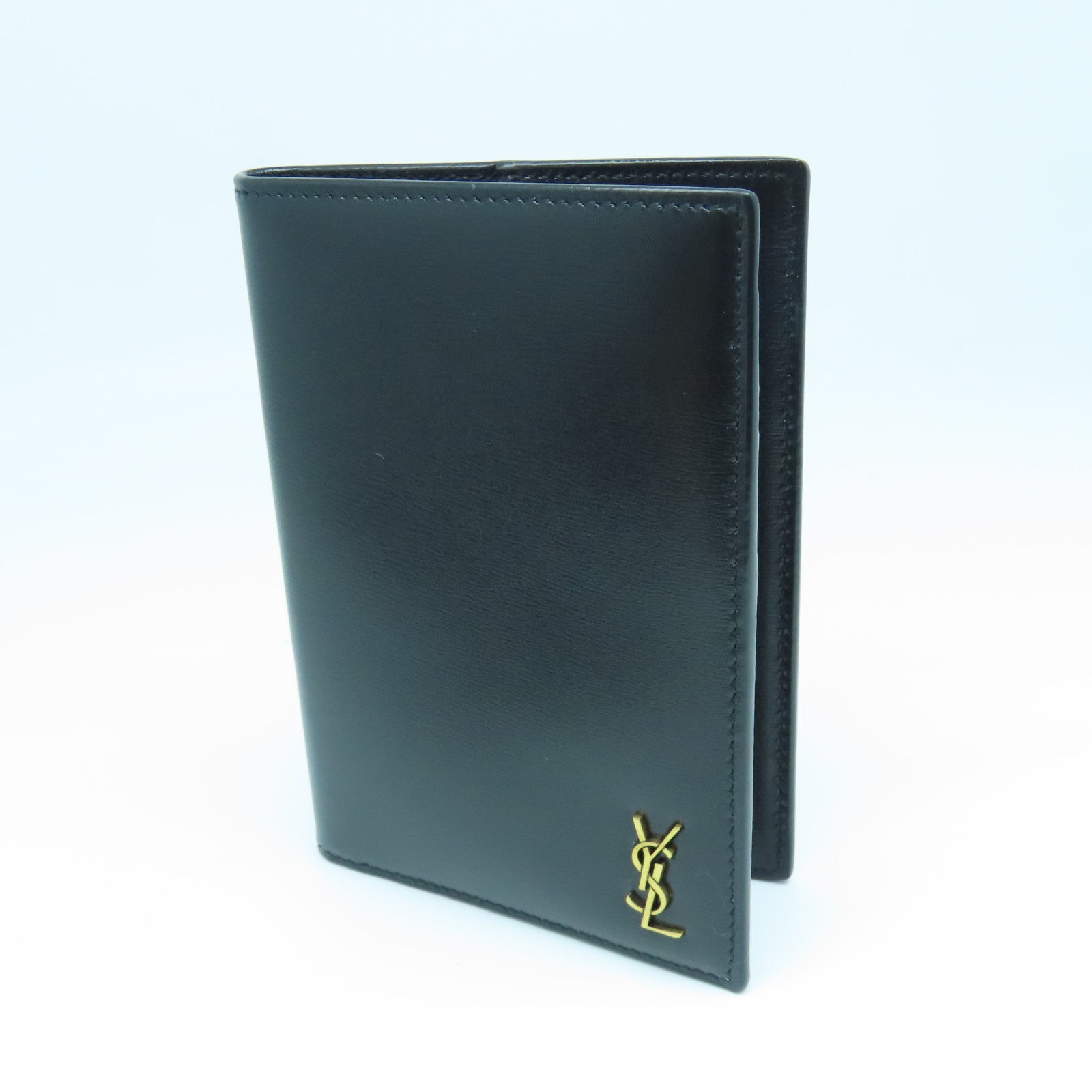 SAINT LAURENT Calfskin Leather Wallet Gold Buckle Wallet Black
