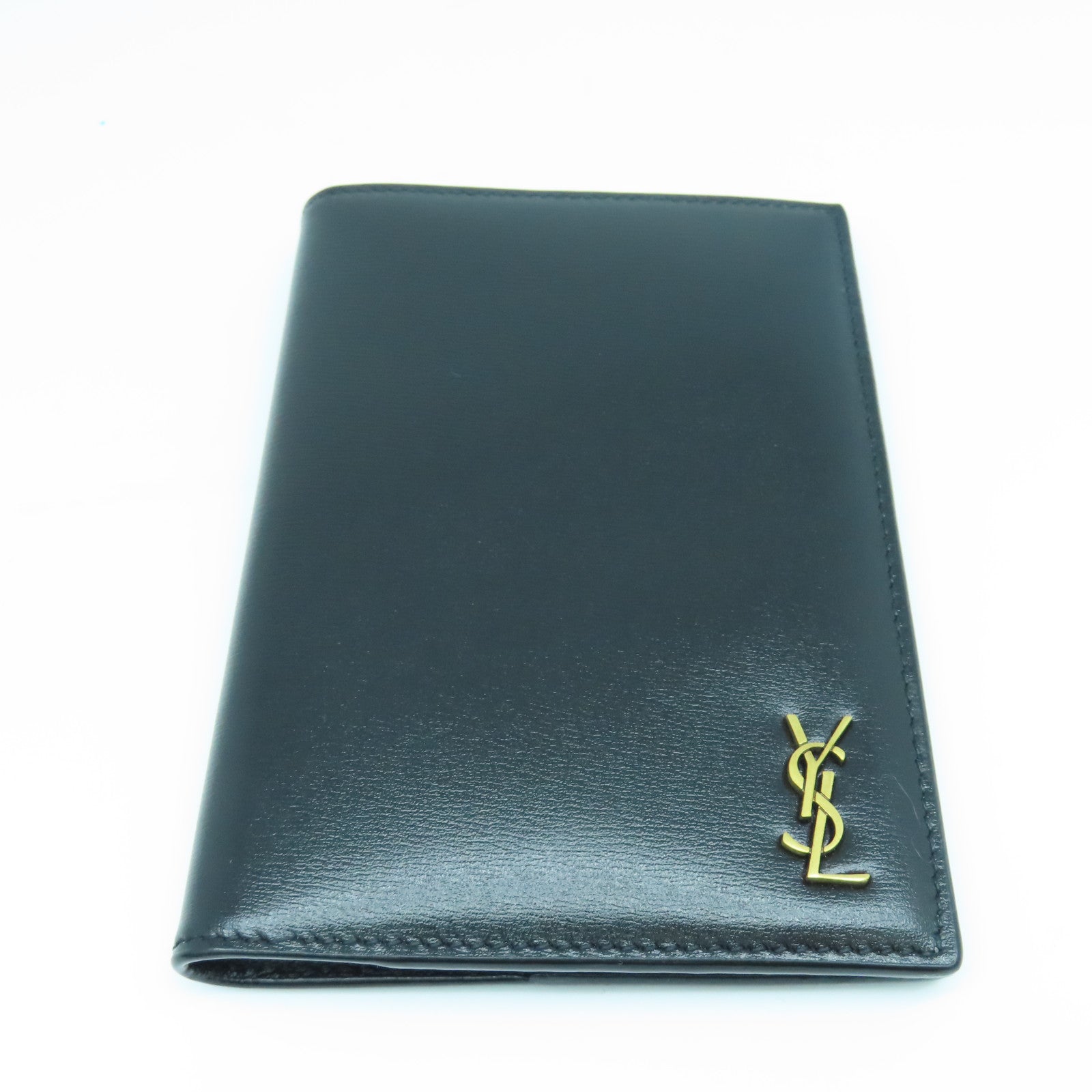 SAINT LAURENT Calfskin Leather Wallet Gold Buckle Wallet Black