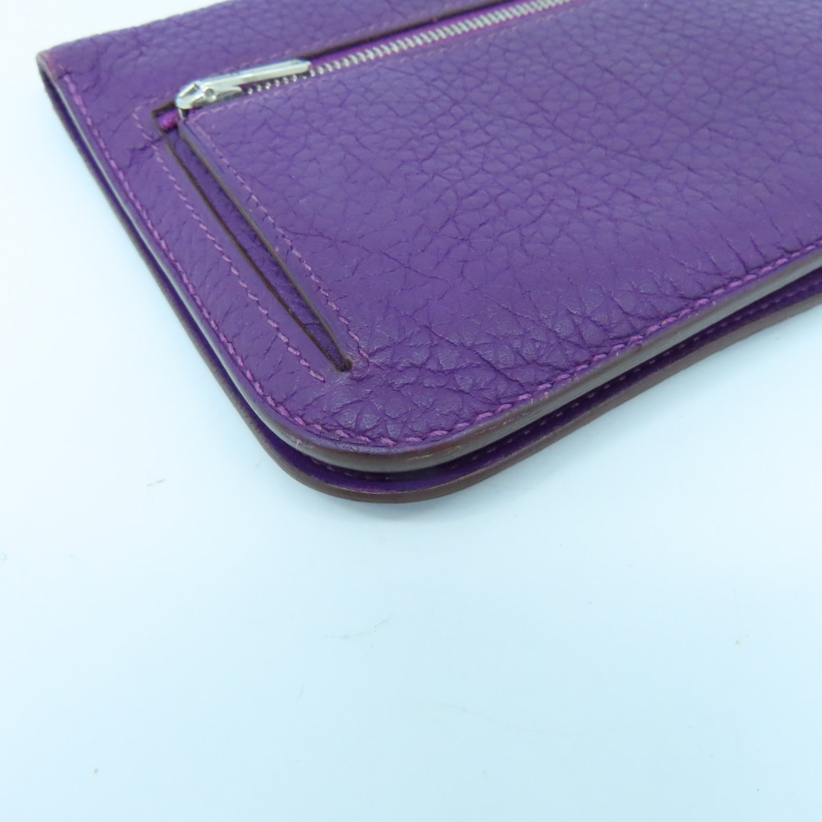 HERMES Togo Leather Dogon GM Silver Buckle Long Wallet Ultra Violet Purple