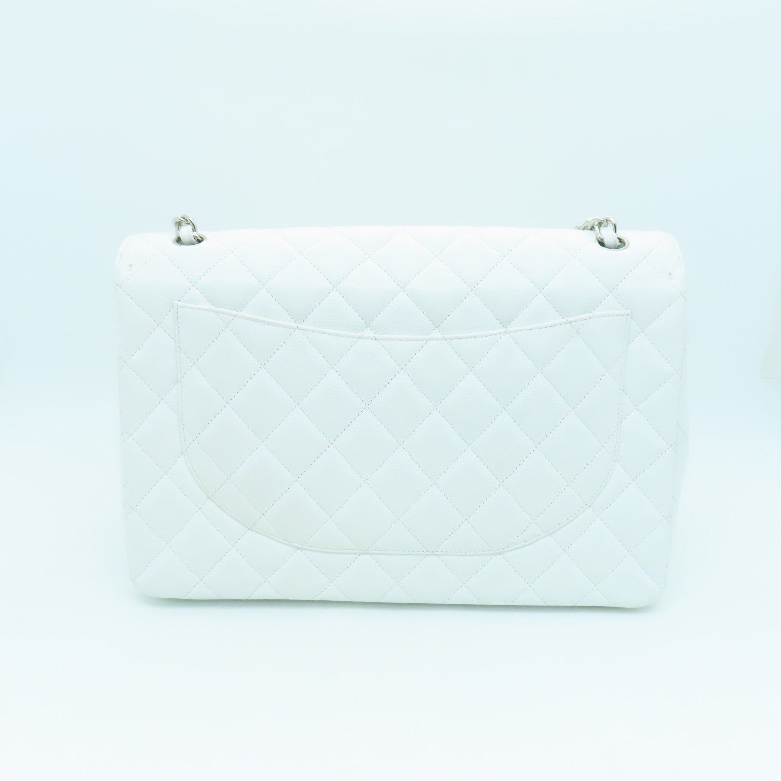 CHANEL Caviar Leather Classic Maxi Jumbo Silver Buckle Chain Shoulder Bag White