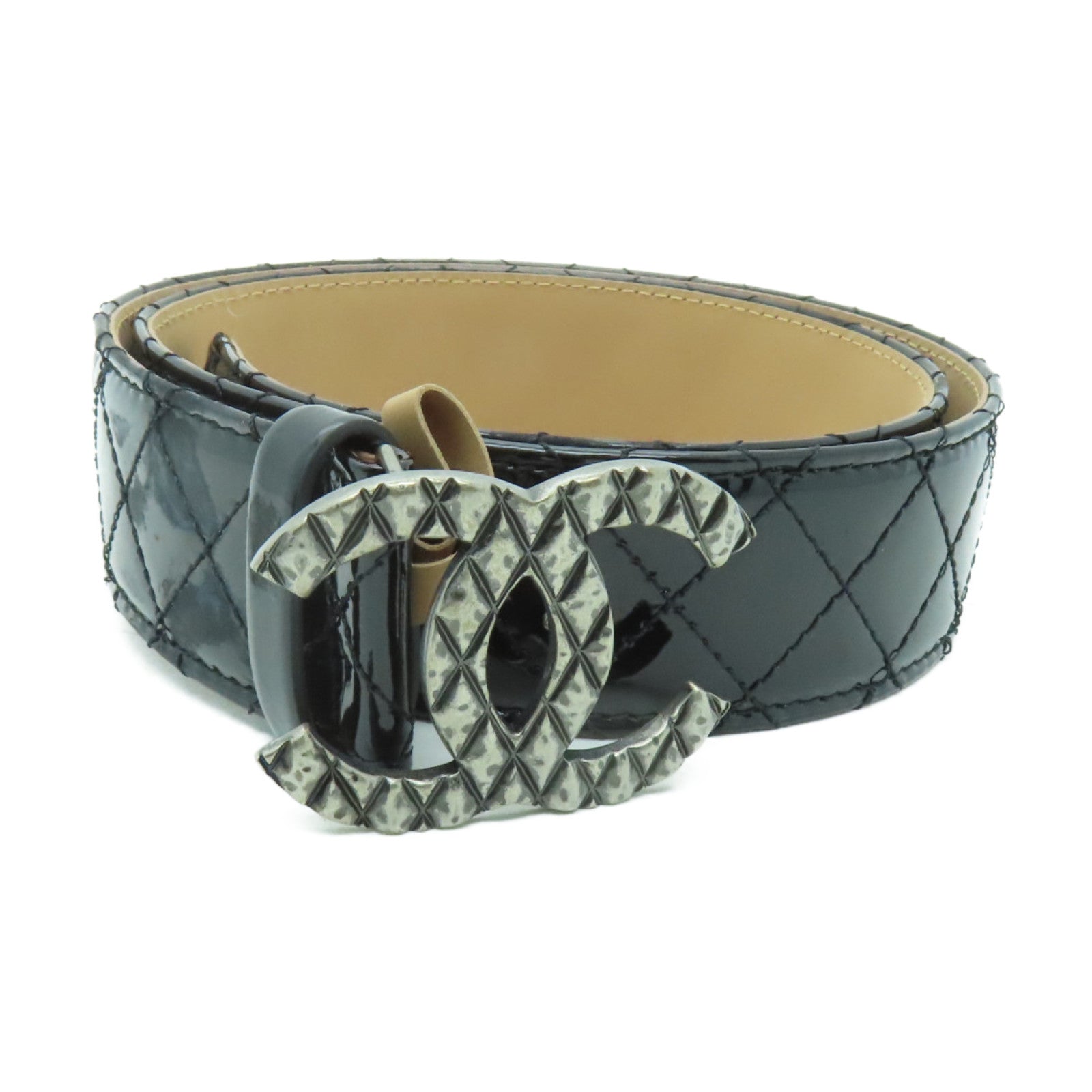 CHANEL 菱格漆皮皮革Belt80銀扣皮帶黒色