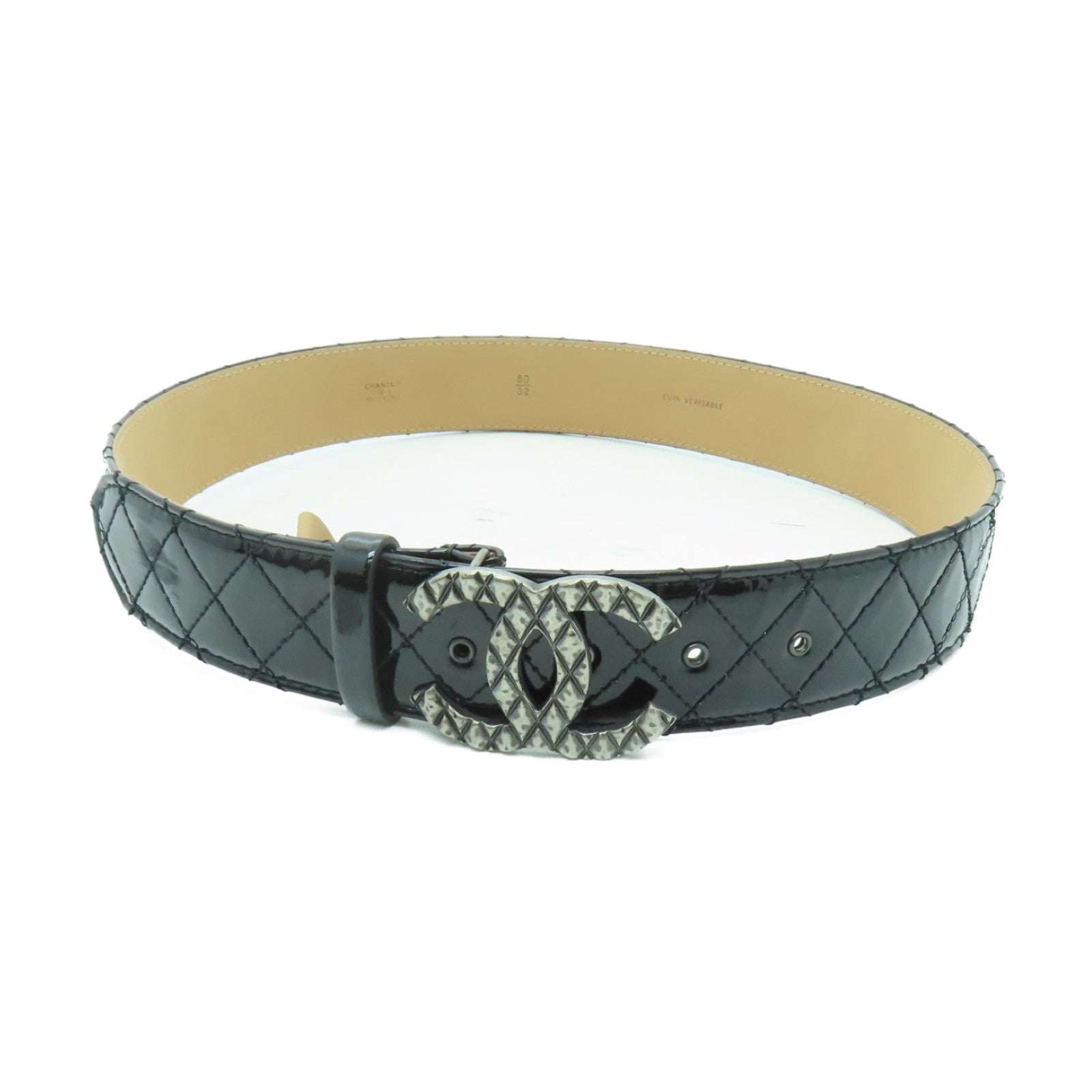 CHANEL 菱格漆皮皮革Belt80銀扣皮帶黒色