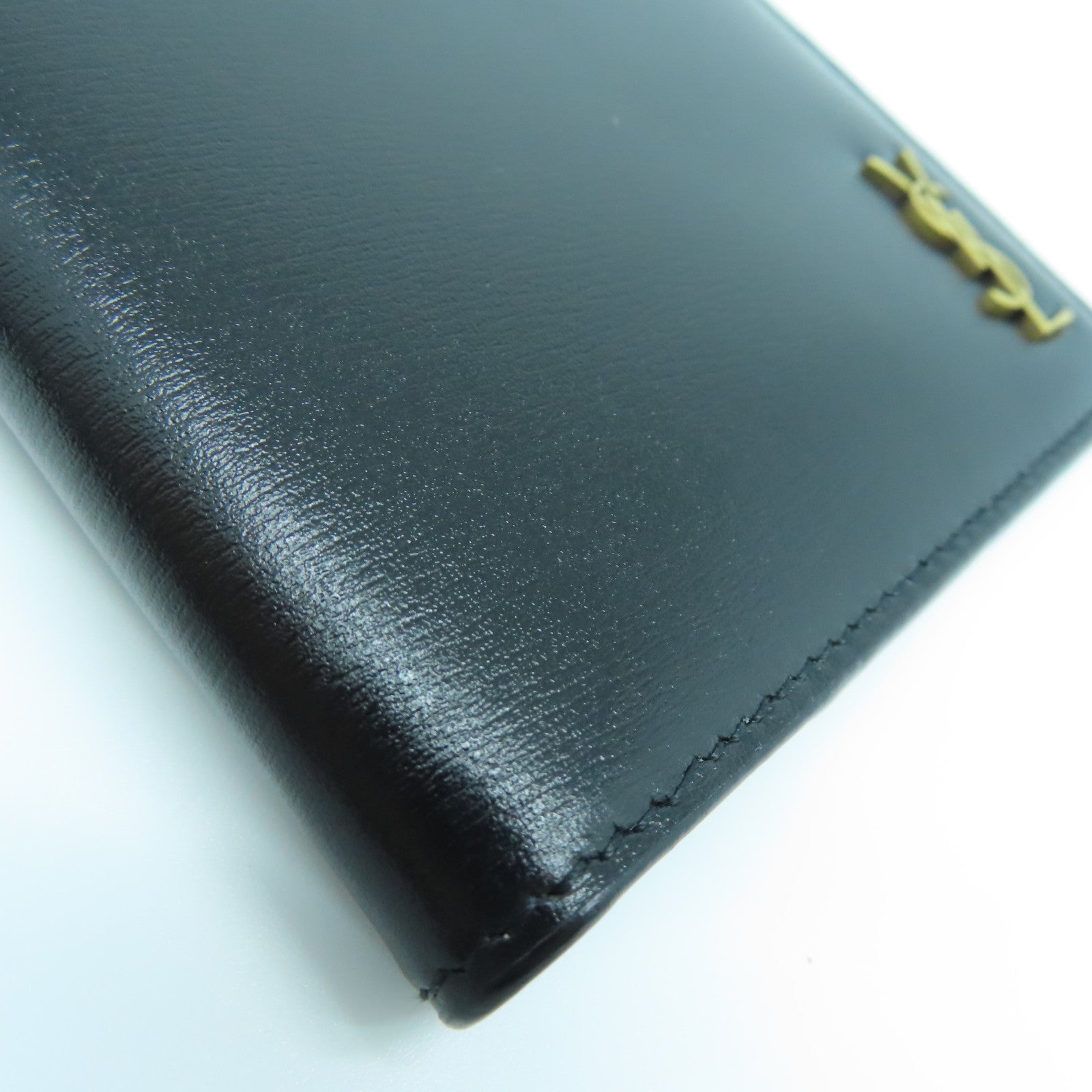 SAINT LAURENT Calfskin Leather Wallet Gold Buckle Wallet Black