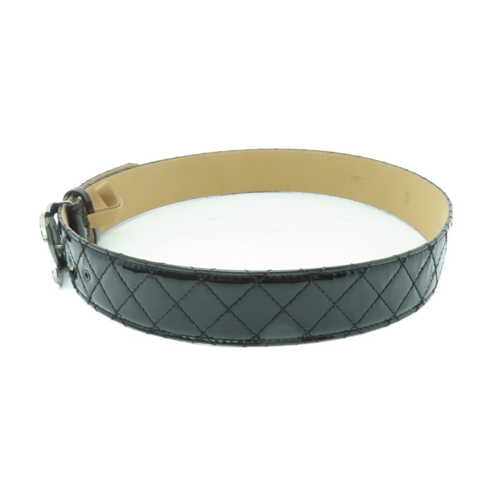 CHANEL 菱格漆皮皮革Belt80銀扣皮帶黒色