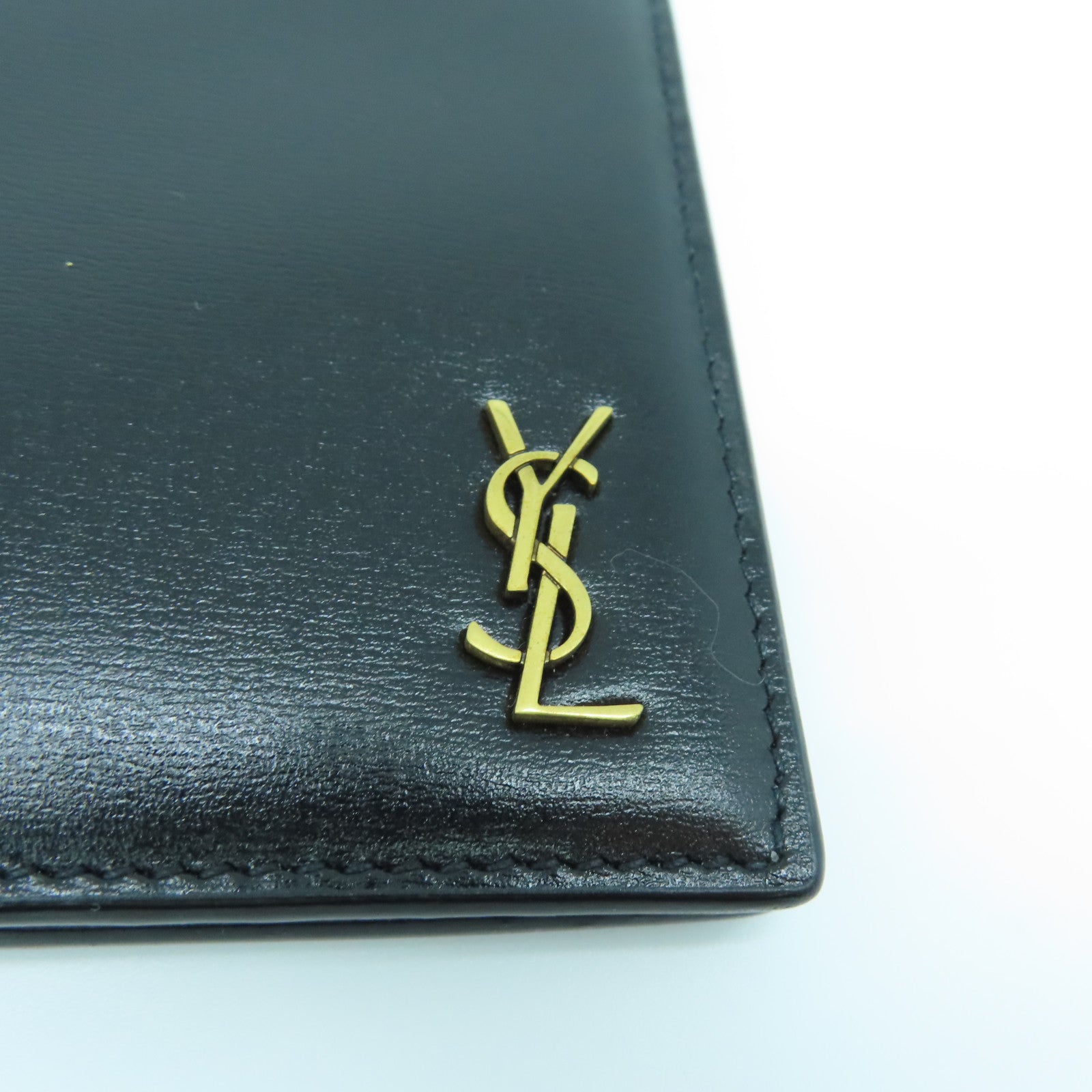 SAINT LAURENT Calfskin Leather Wallet Gold Buckle Wallet Black