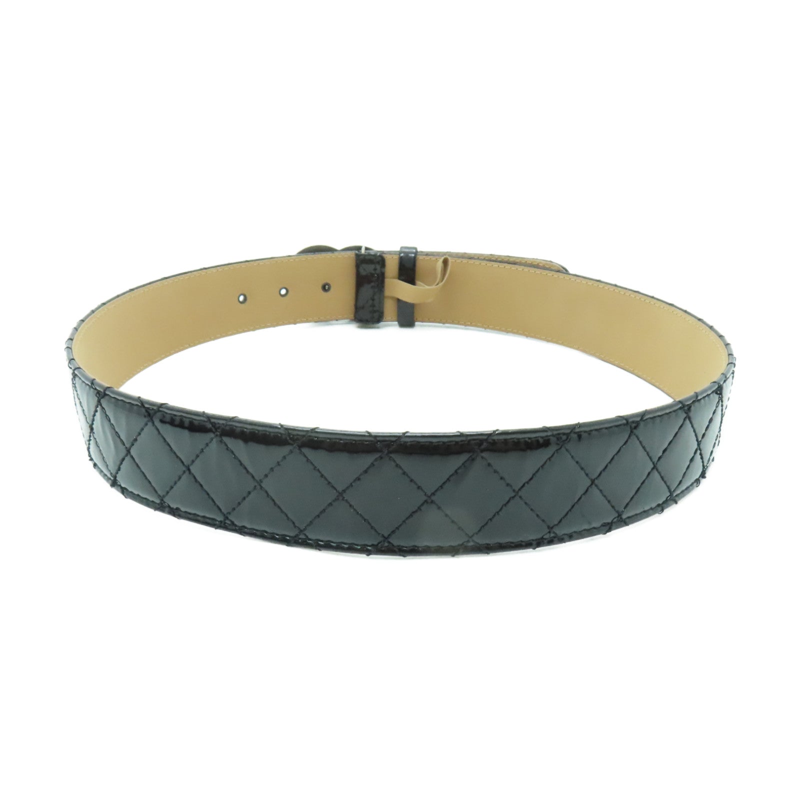 CHANEL 菱格漆皮皮革Belt80銀扣皮帶黒色