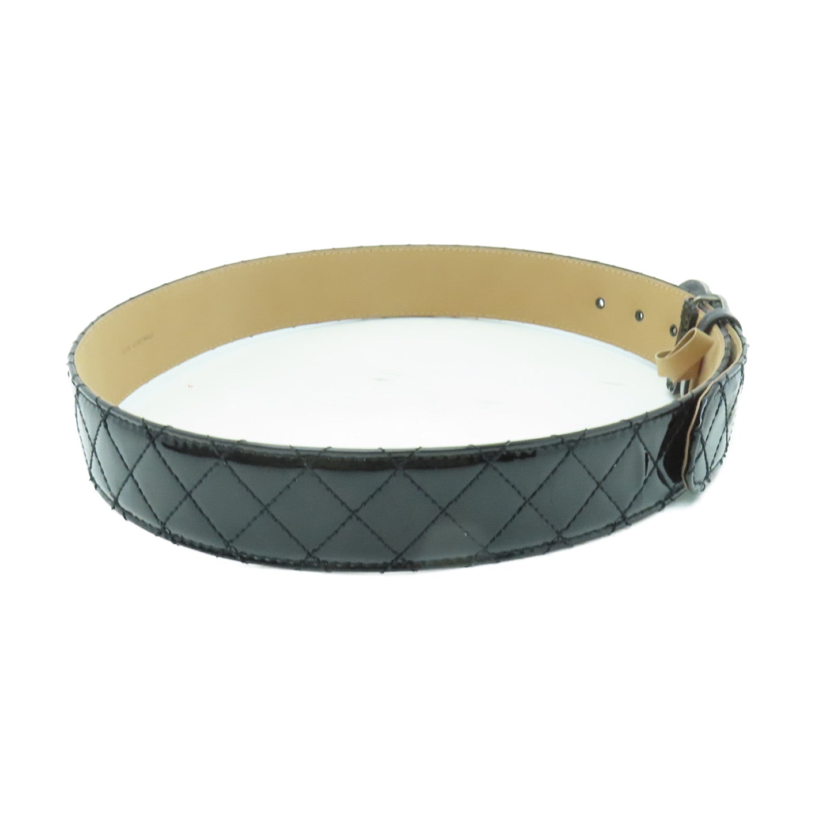 CHANEL 菱格漆皮皮革Belt80銀扣皮帶黒色