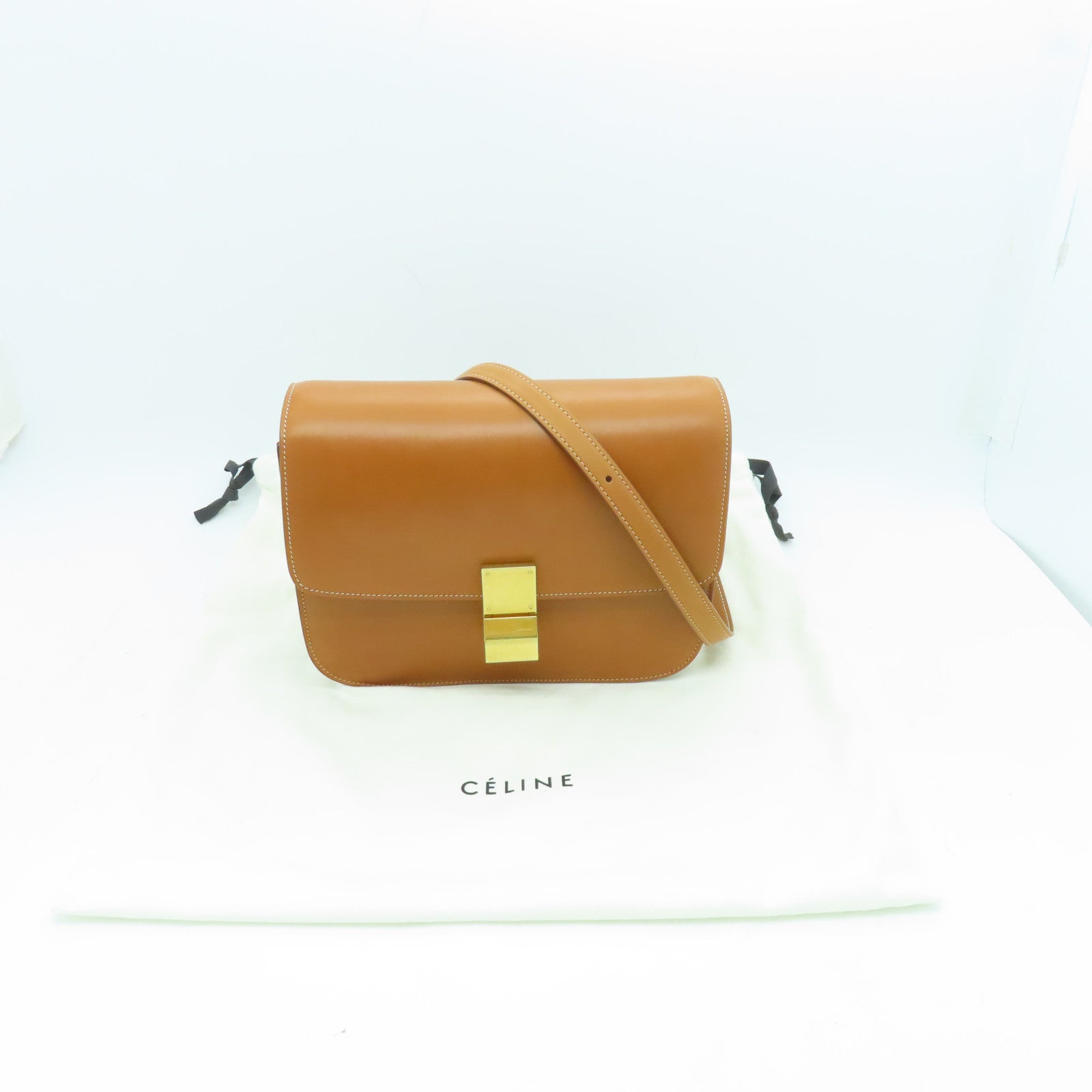 CELINE 牛皮皮革Classic Box金扣肩背袋棕色