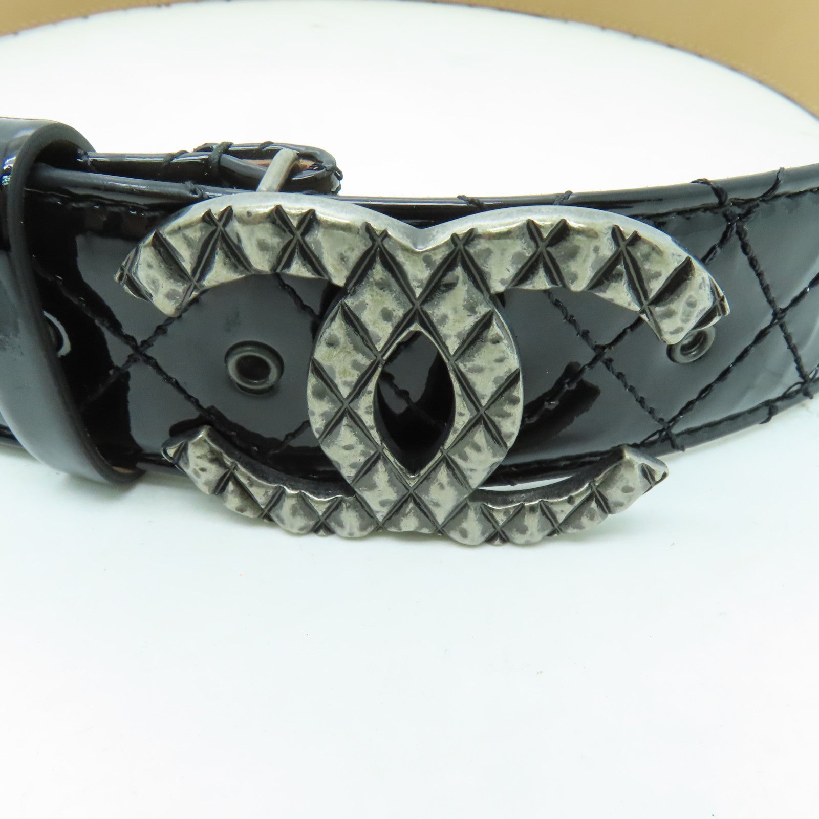 CHANEL 菱格漆皮皮革Belt80銀扣皮帶黒色