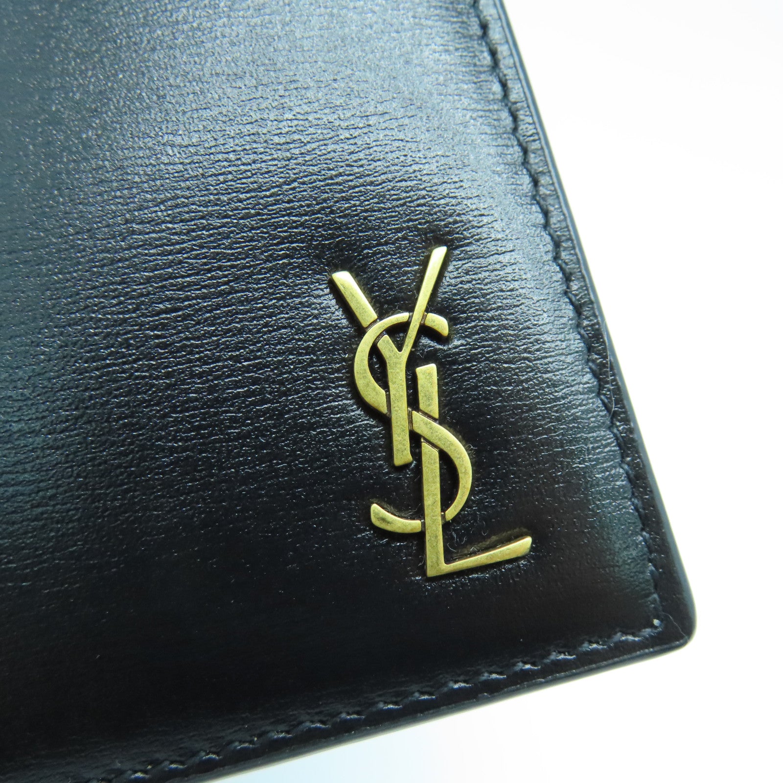 SAINT LAURENT Calfskin Leather Wallet Gold Buckle Wallet Black