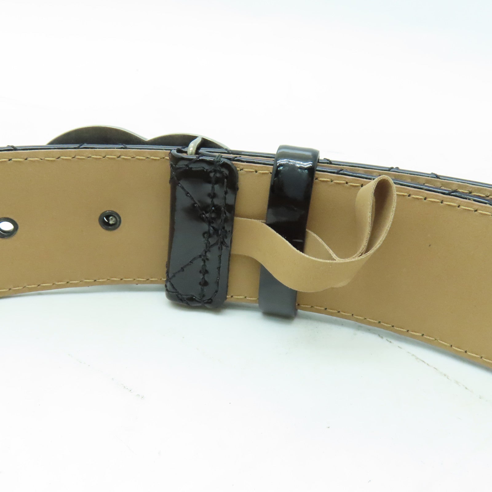 CHANEL 菱格漆皮皮革Belt80銀扣皮帶黒色