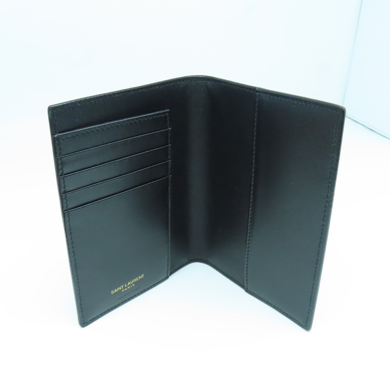 SAINT LAURENT Calfskin Leather Wallet Gold Buckle Wallet Black