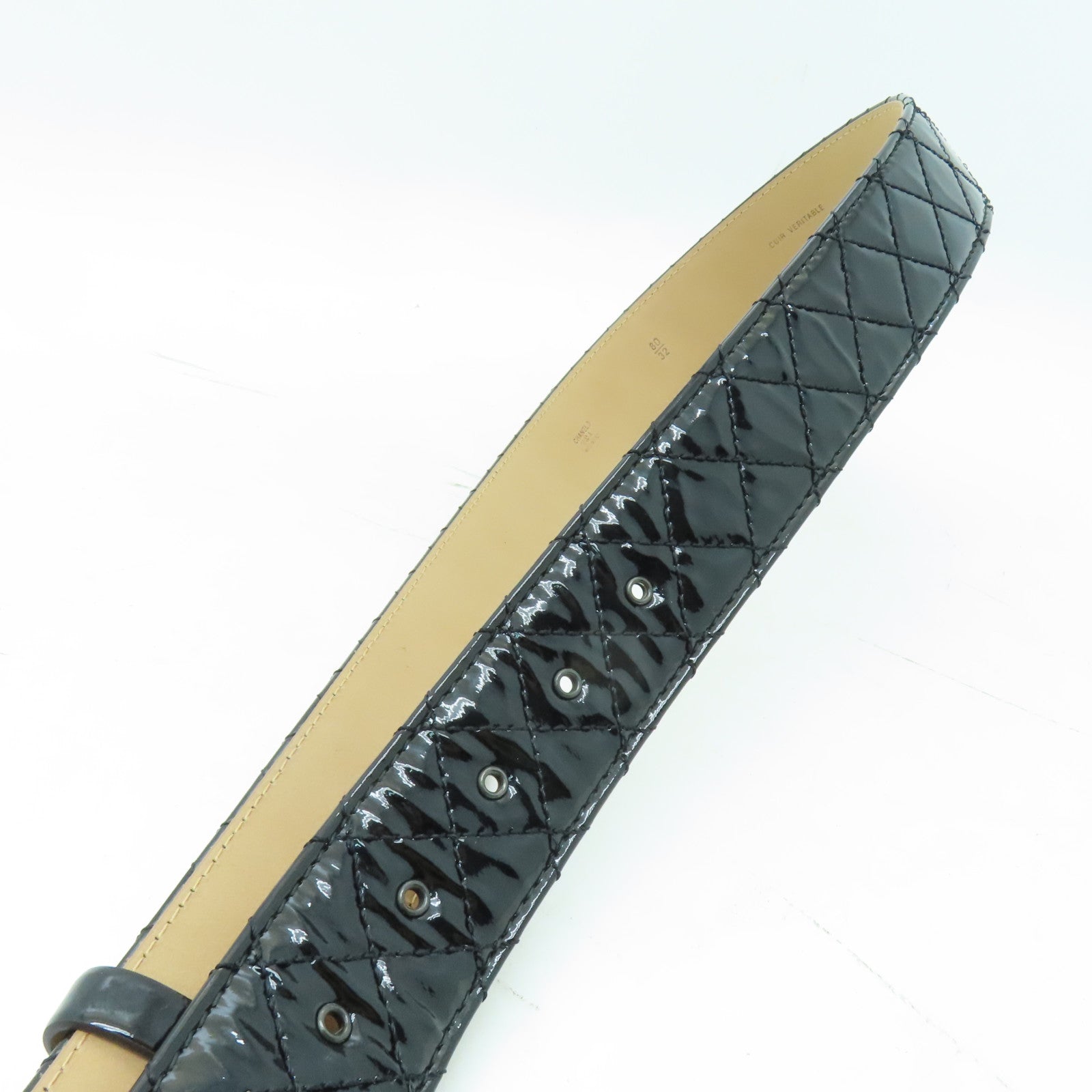 CHANEL 菱格漆皮皮革Belt80銀扣皮帶黒色
