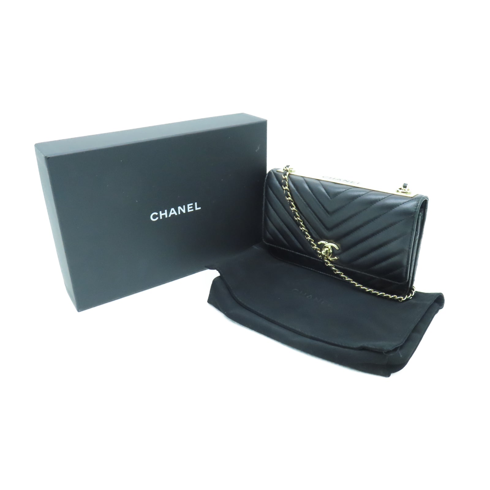 CHANEL 菱格羊皮皮革Trendy WOC金扣鏈帶肩背袋黑色
