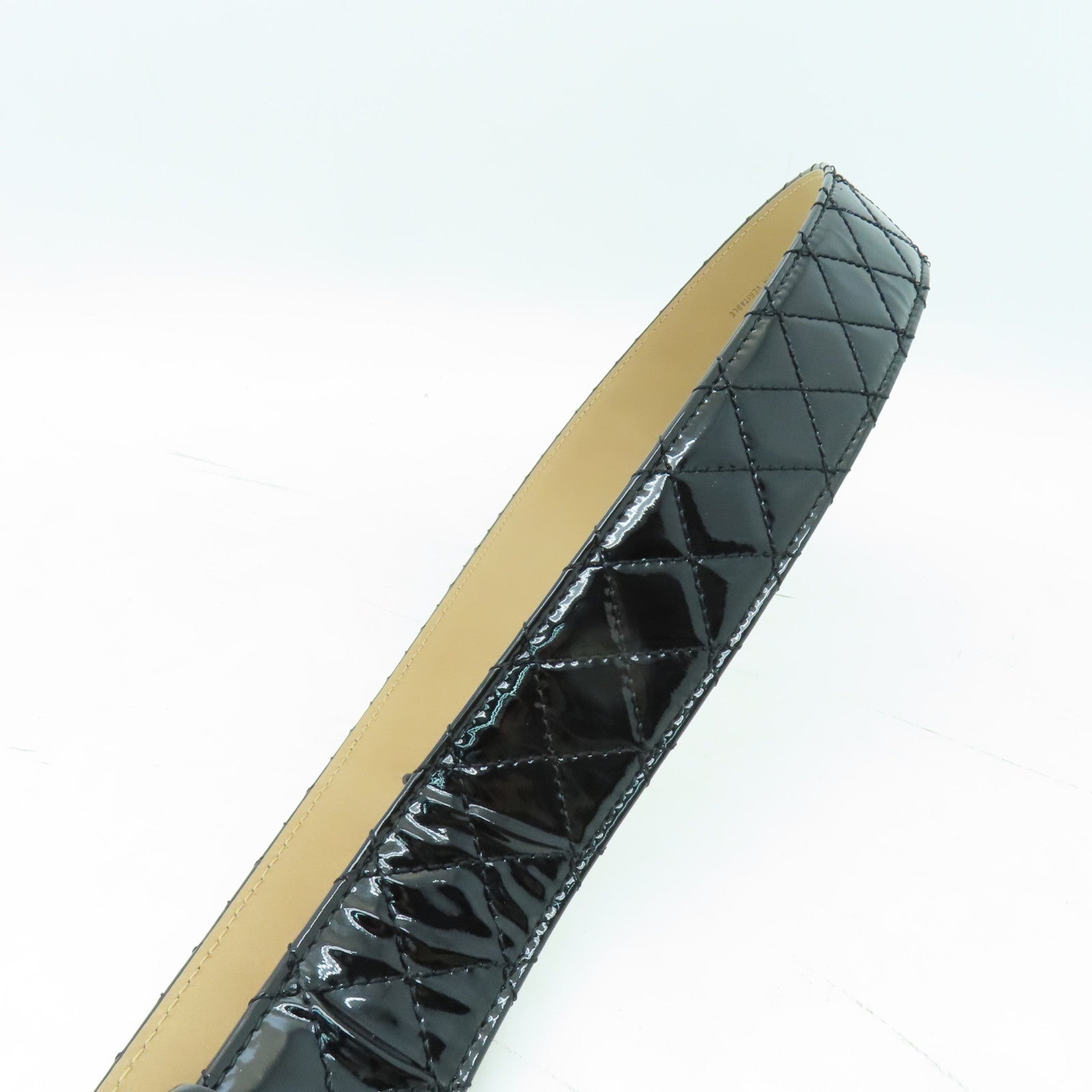 CHANEL 菱格漆皮皮革Belt80銀扣皮帶黒色