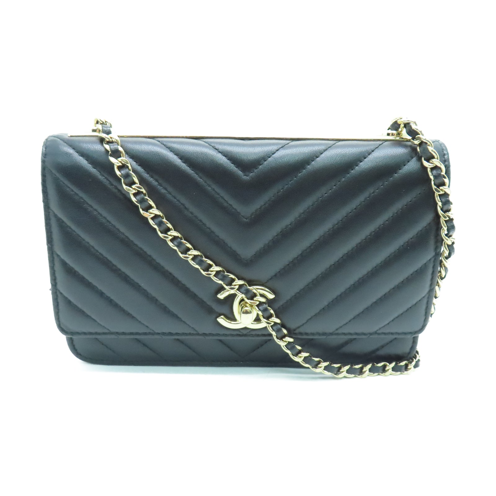 CHANEL 菱格羊皮皮革Trendy WOC金扣鏈帶肩背袋黑色
