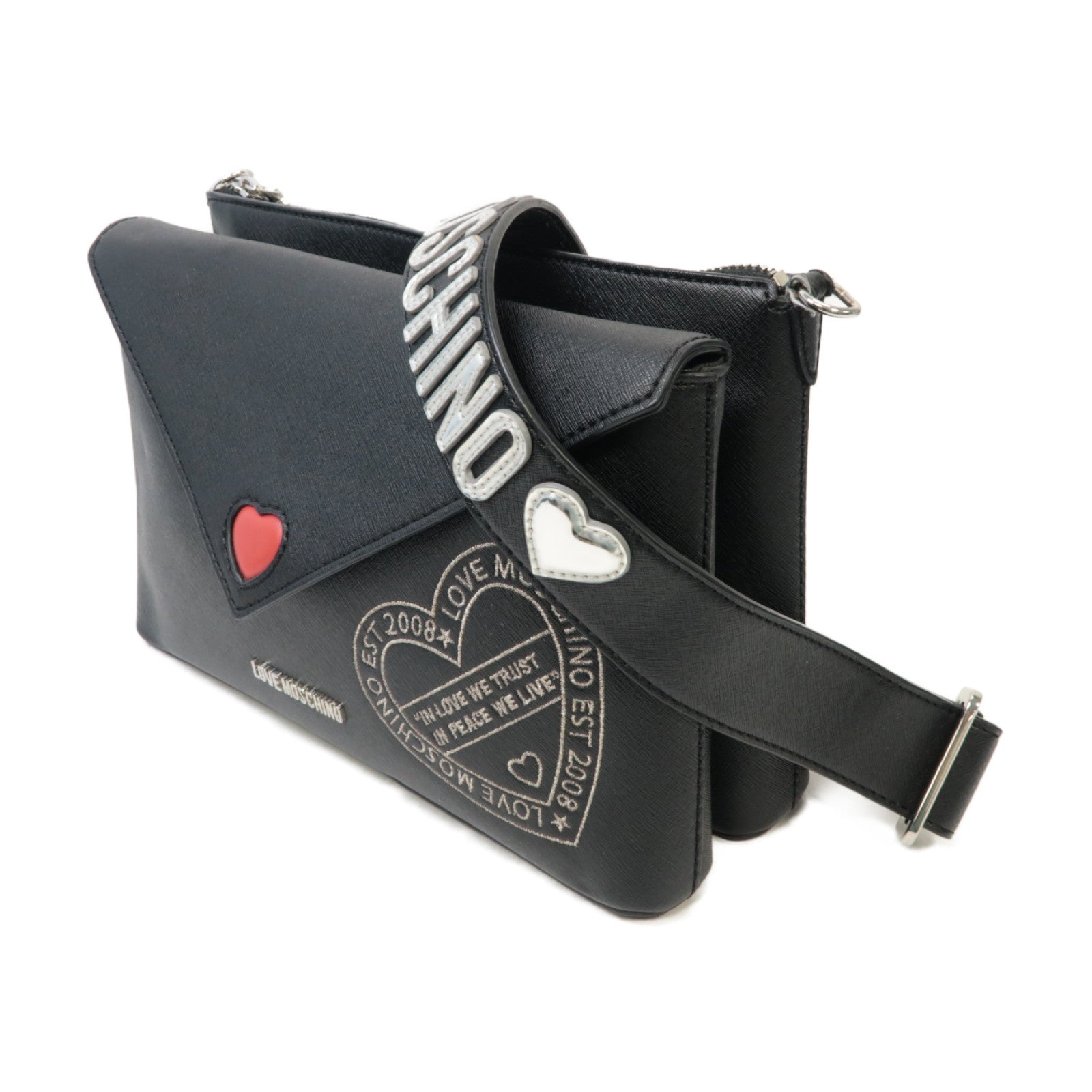 MOSCHINO 牛皮皮革Shoulder Bag銀扣肩背袋黑色