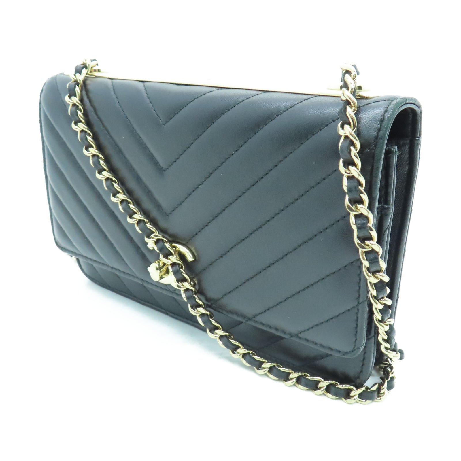 CHANEL 菱格羊皮皮革Trendy WOC金扣鏈帶肩背袋黑色