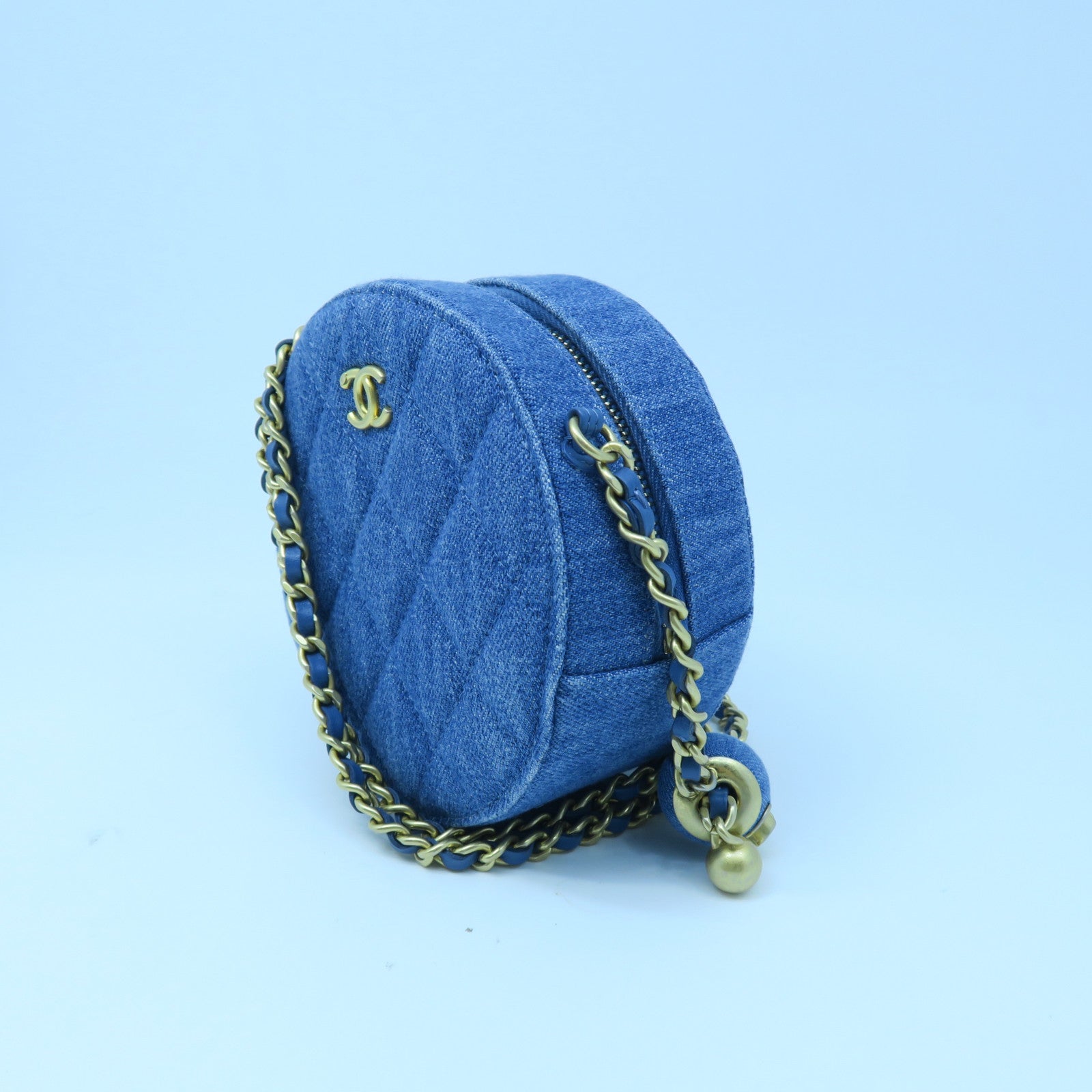 CHANEL 【激減優惠】菱格牛仔布Chain Shoulder金扣鏈帶肩背袋藍色