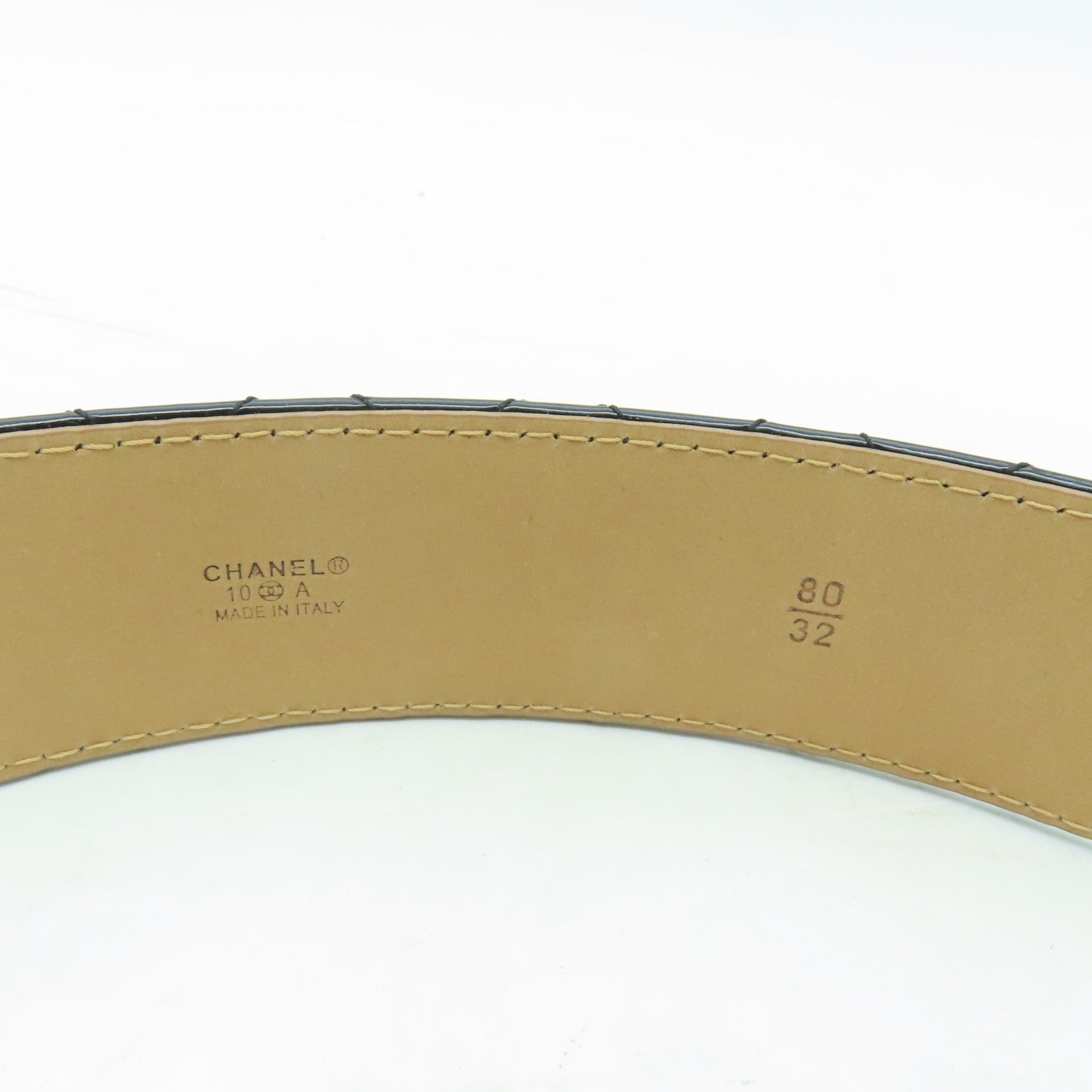 CHANEL 菱格漆皮皮革Belt80銀扣皮帶黒色