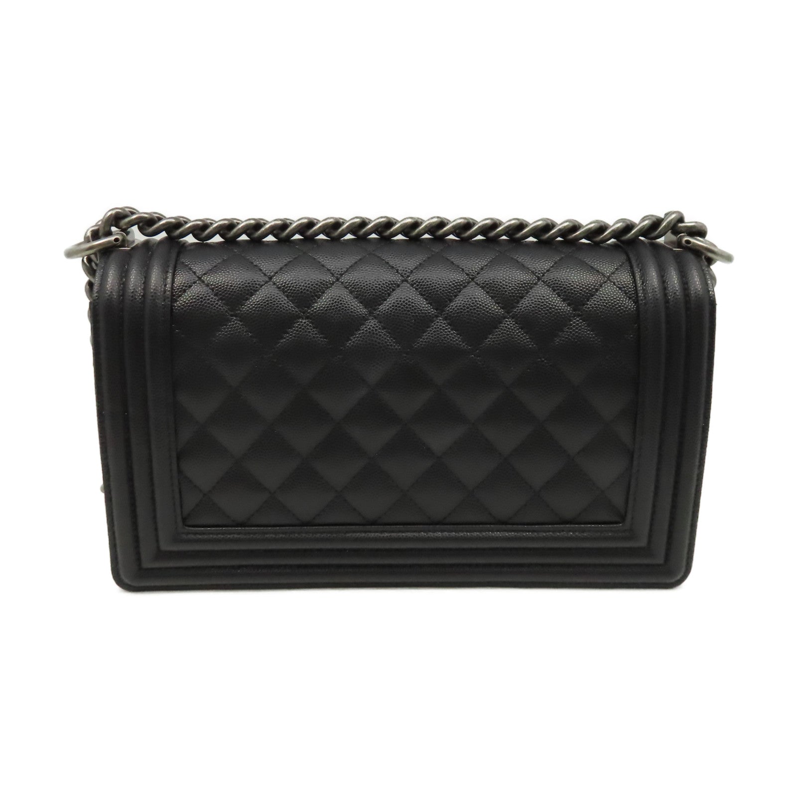CHANEL 菱格Caviar皮革Boy Chanel 25銀扣鏈帶肩背袋黑色