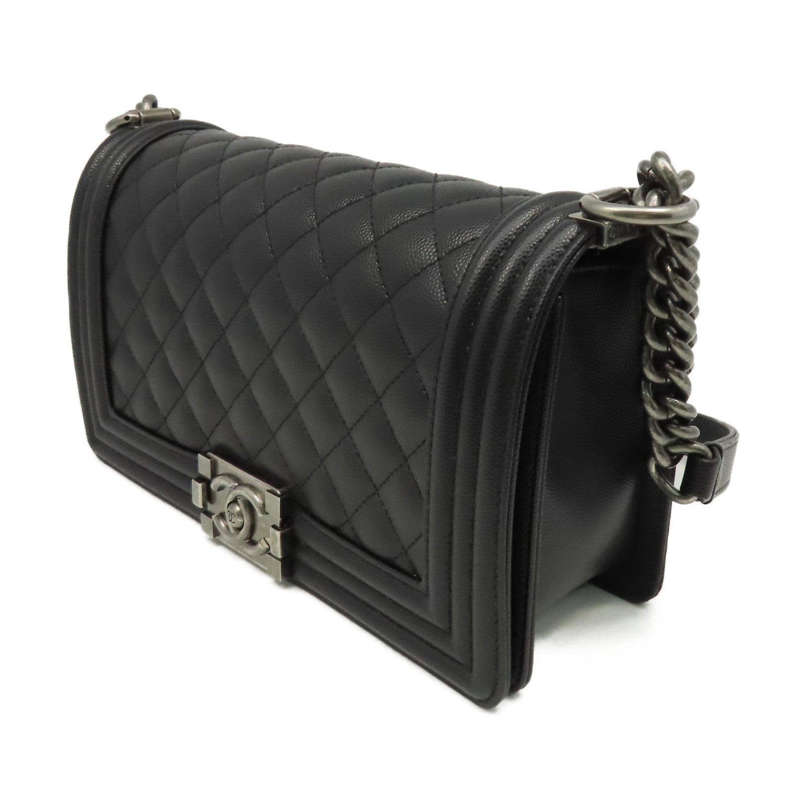 CHANEL 菱格Caviar皮革Boy Chanel 25銀扣鏈帶肩背袋黑色