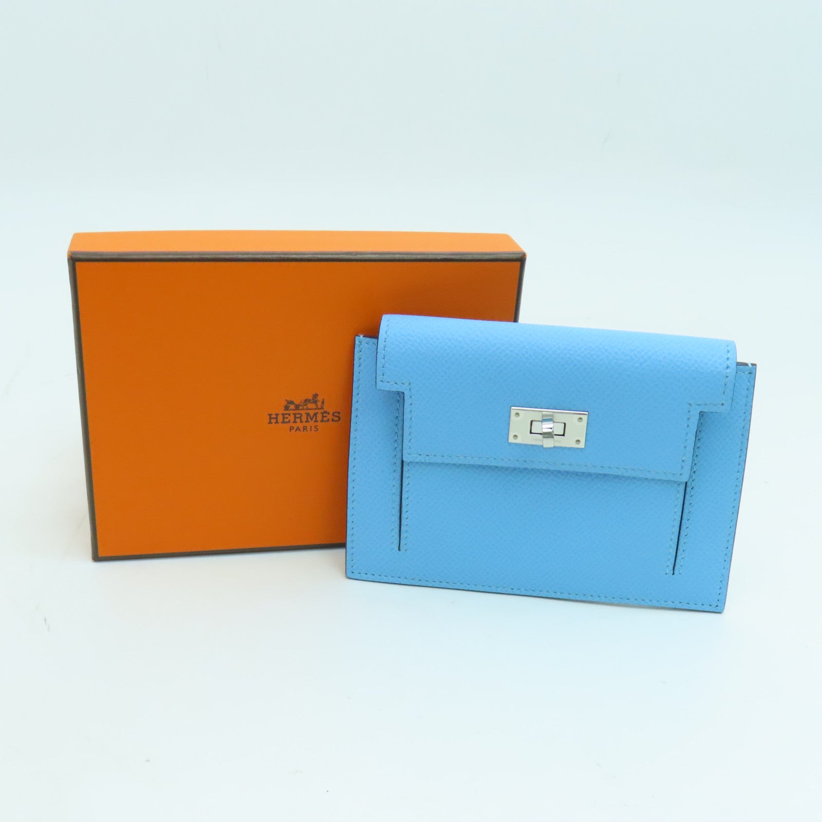 HERMES Epsom皮革Kelly Pochet銀扣錢包藍色