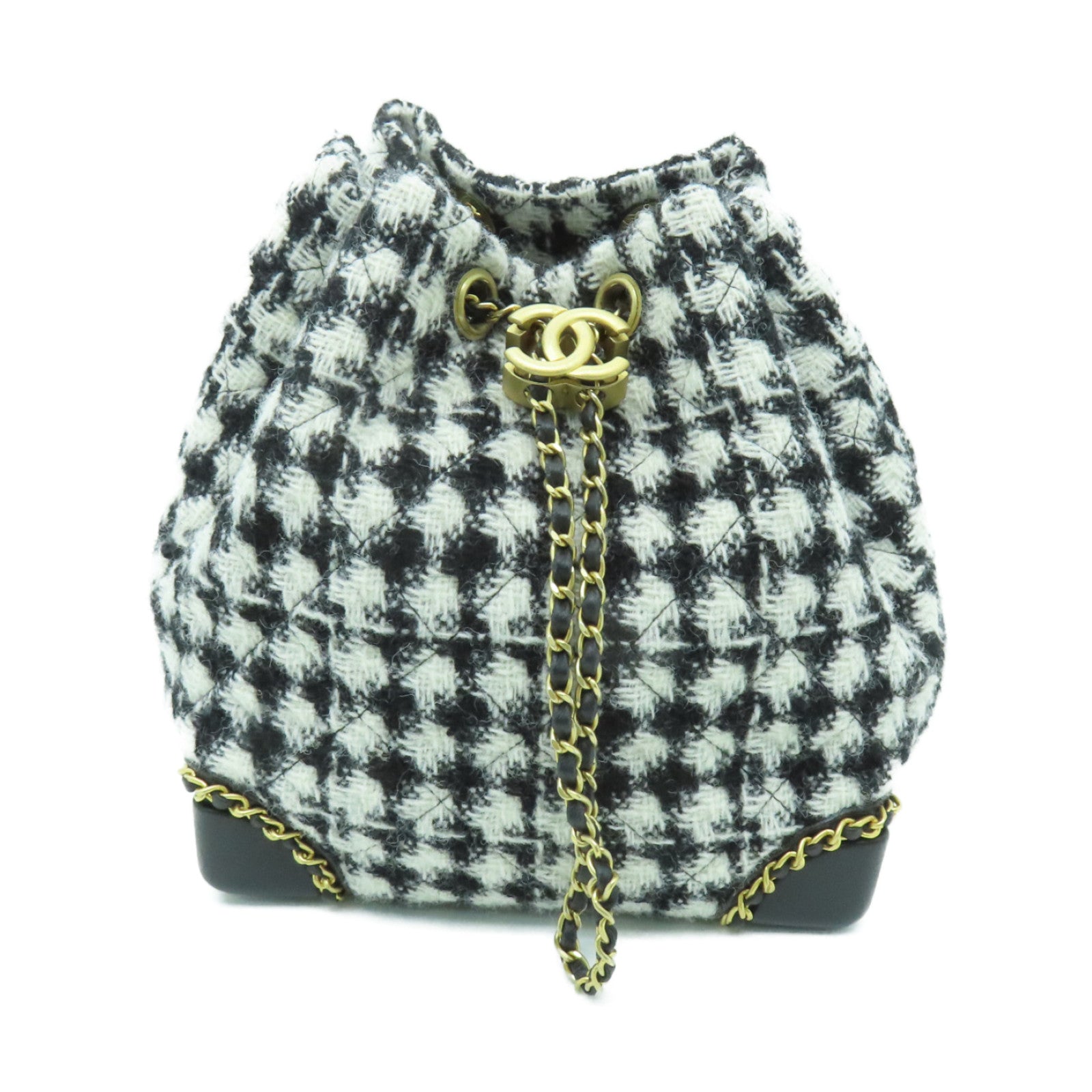 CHANEL 斜紋軟呢Backpack金扣背包黒色/白色