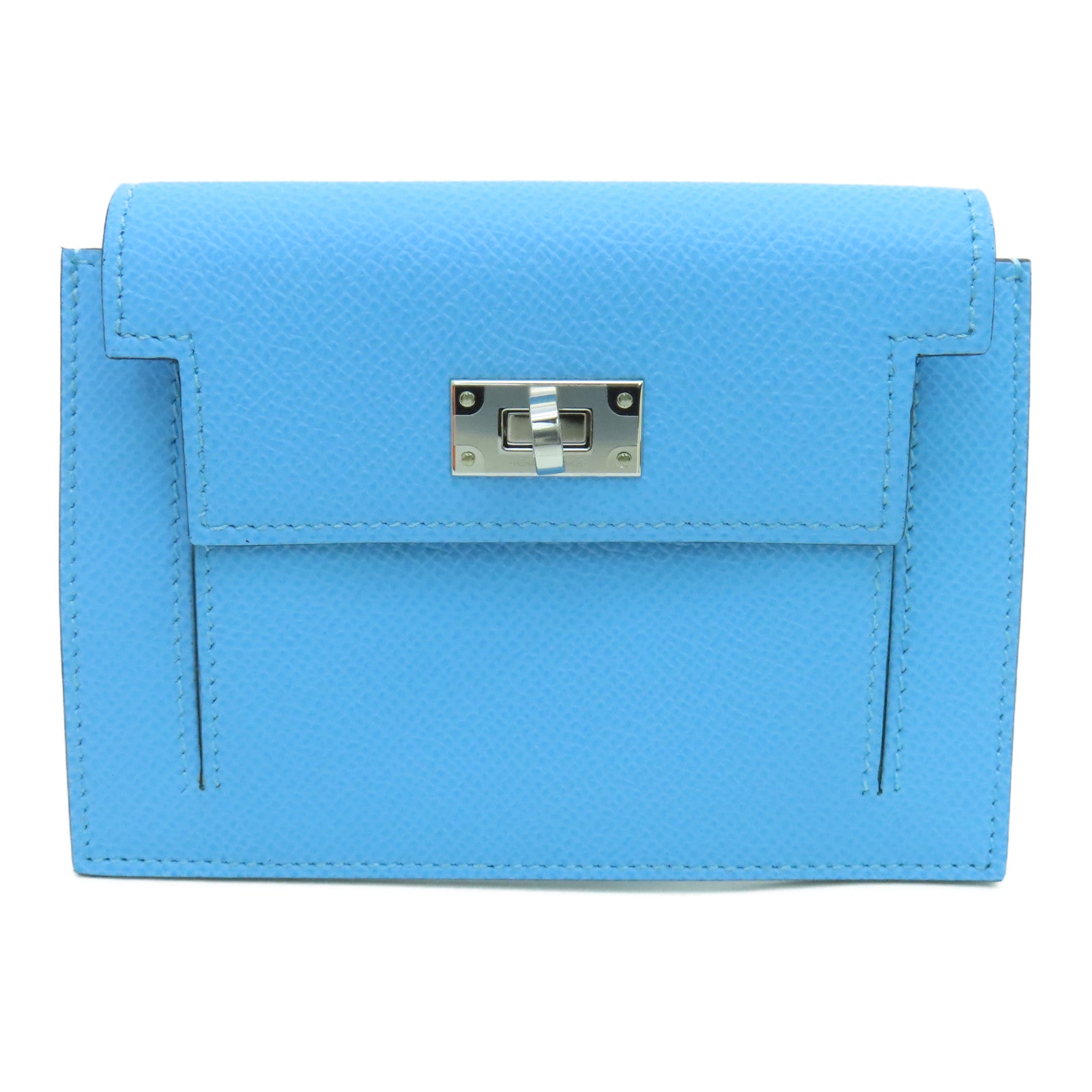 HERMES Epsom皮革Kelly Pochet銀扣錢包藍色