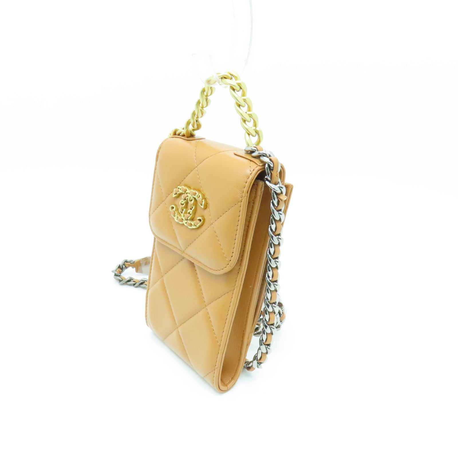 CHANEL 菱格羊皮皮革Chanel 19 Phone Holder with Chain金扣鏈帶肩背袋啡色