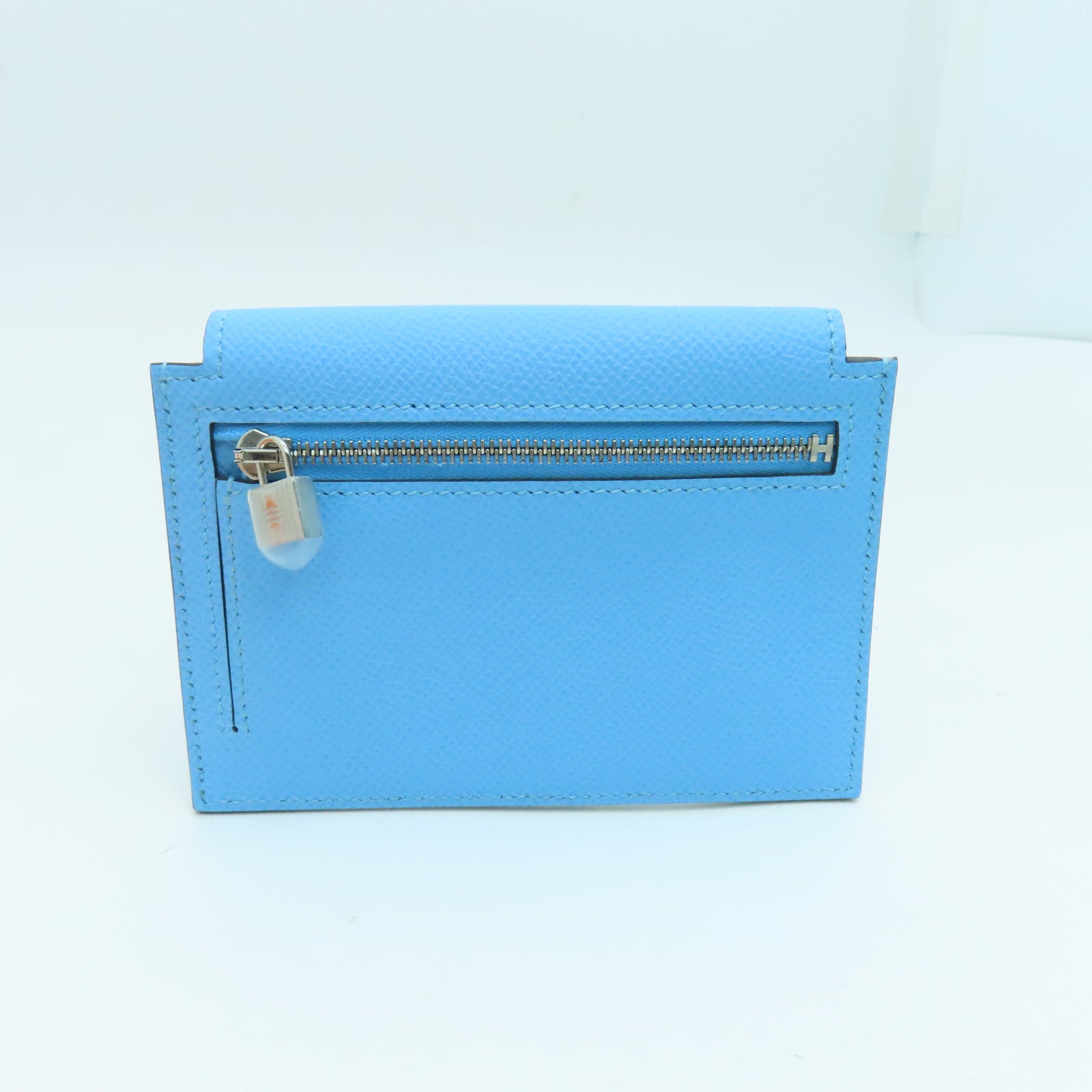 HERMES Epsom皮革Kelly Pochet銀扣錢包藍色