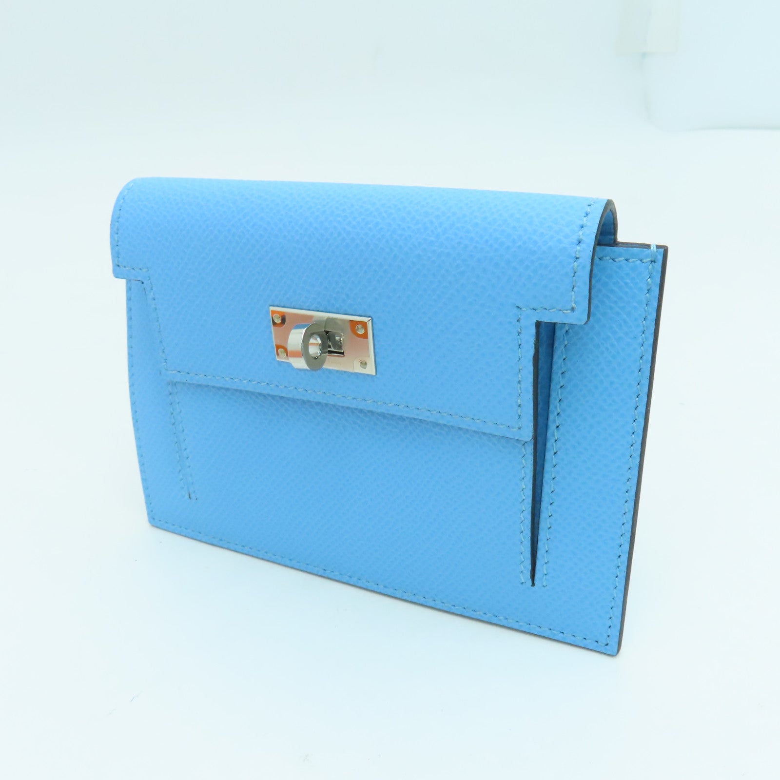 HERMES Epsom皮革Kelly Pochet銀扣錢包藍色