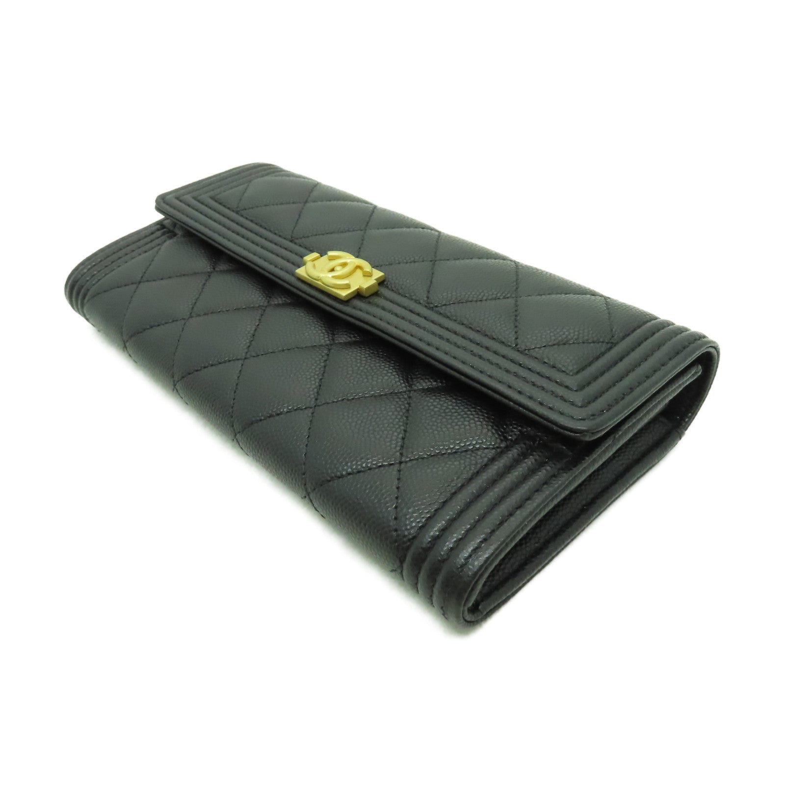 CHANEL 【激減優惠】牛皮皮革Boy Flap Wallet金扣長錢包黑色