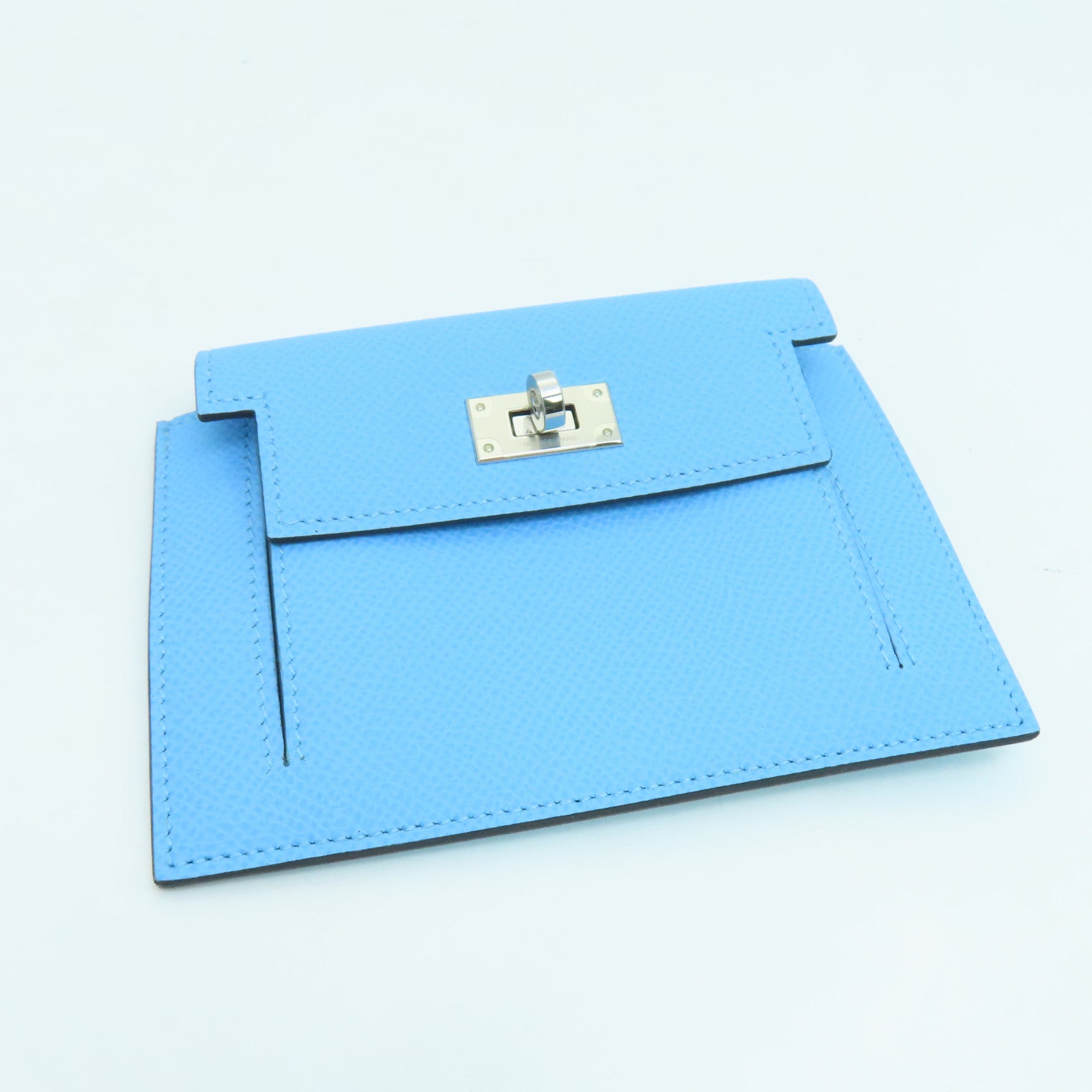 HERMES Epsom皮革Kelly Pochet銀扣錢包藍色