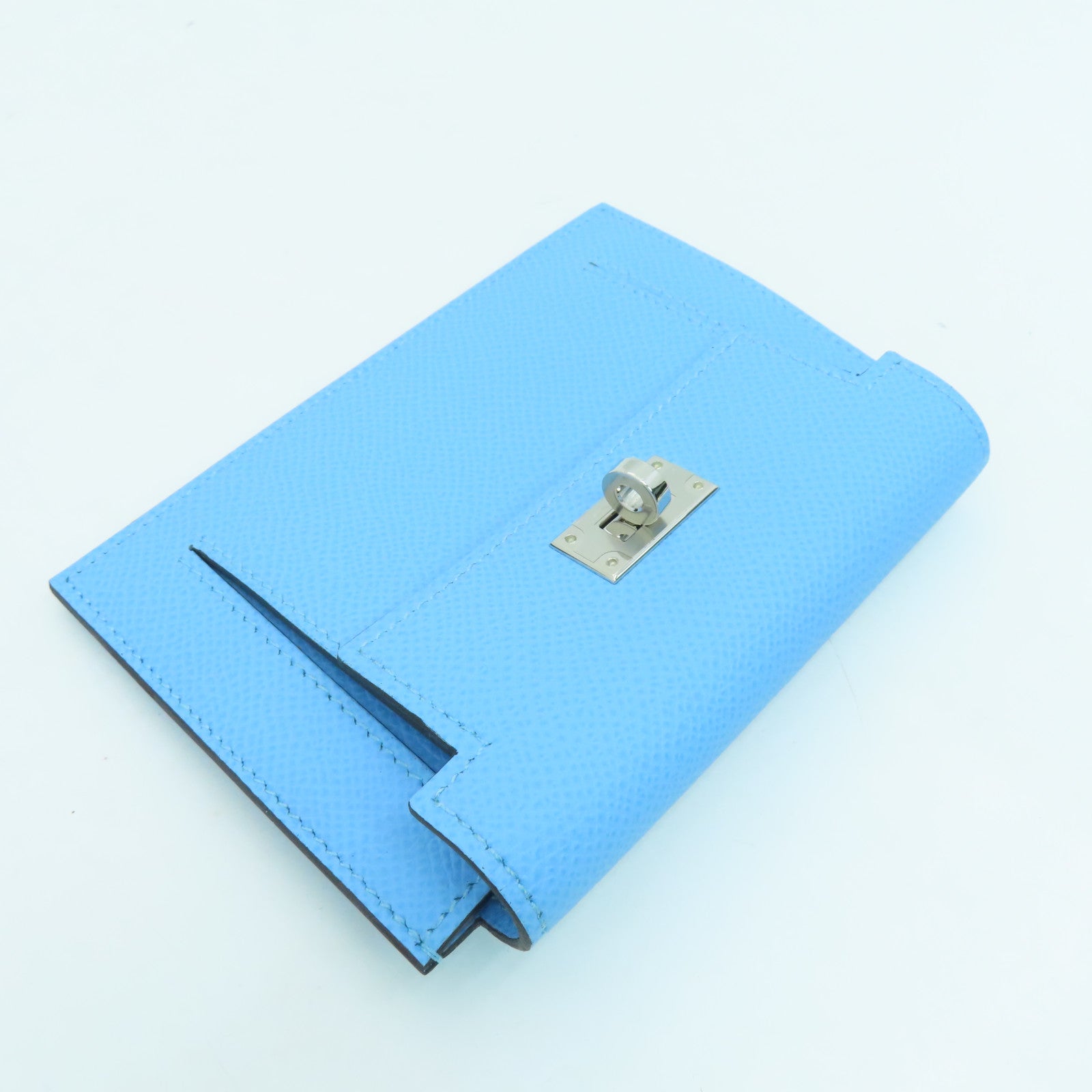 HERMES Epsom皮革Kelly Pochet銀扣錢包藍色