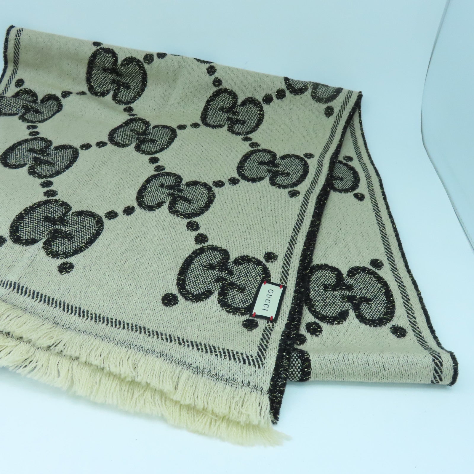 GUCCI 羊絨Scarf圍巾米色/黑色
