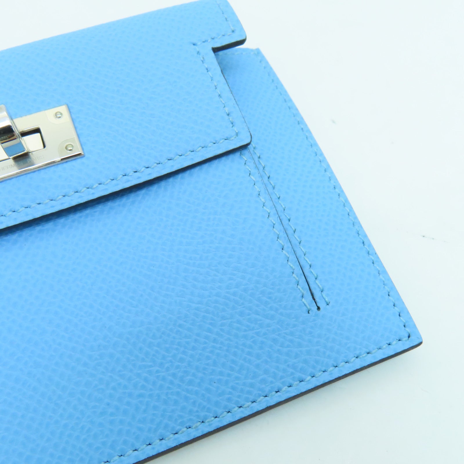 HERMES Epsom皮革Kelly Pochet銀扣錢包藍色
