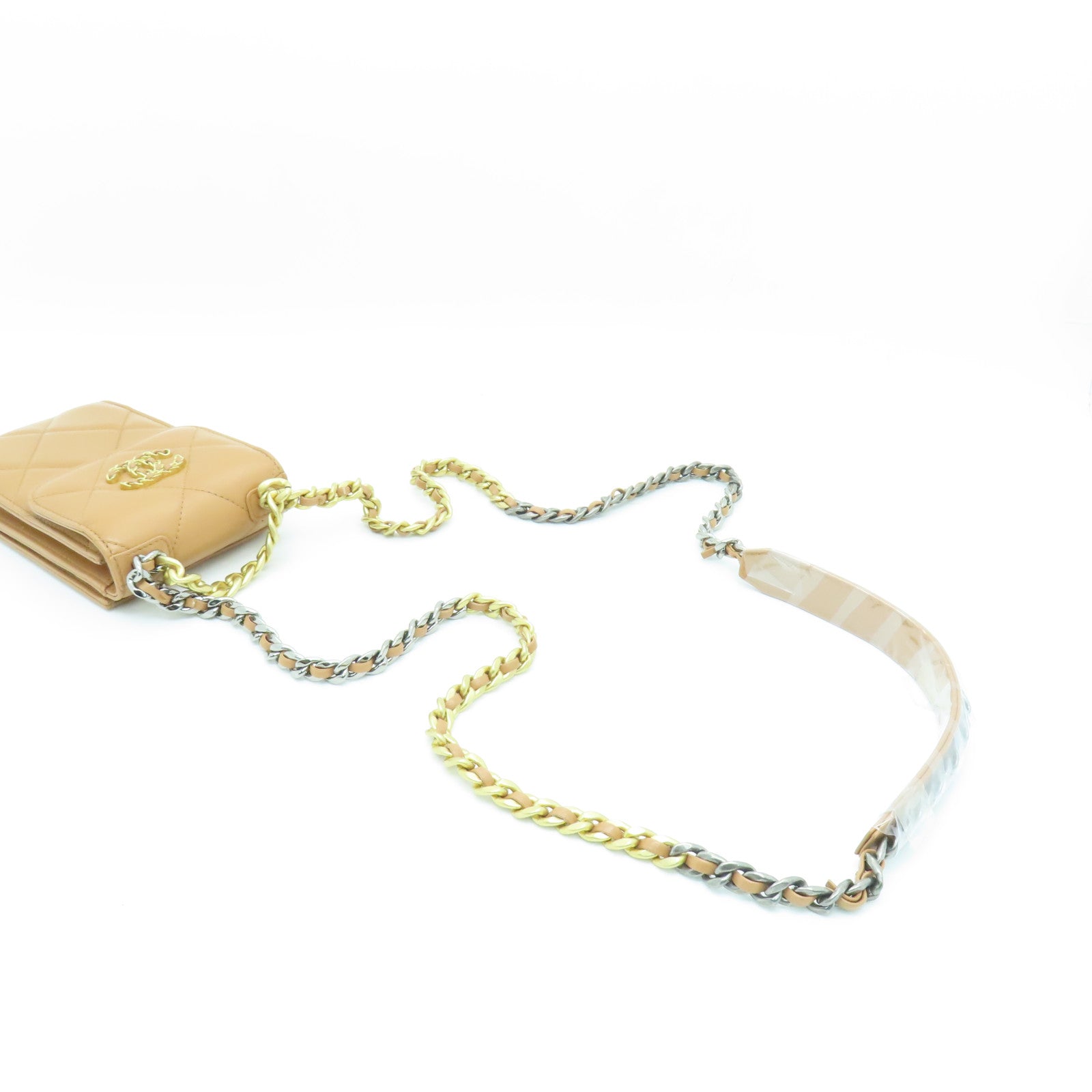 CHANEL 菱格羊皮皮革Chanel 19 Phone Holder with Chain金扣鏈帶肩背袋啡色