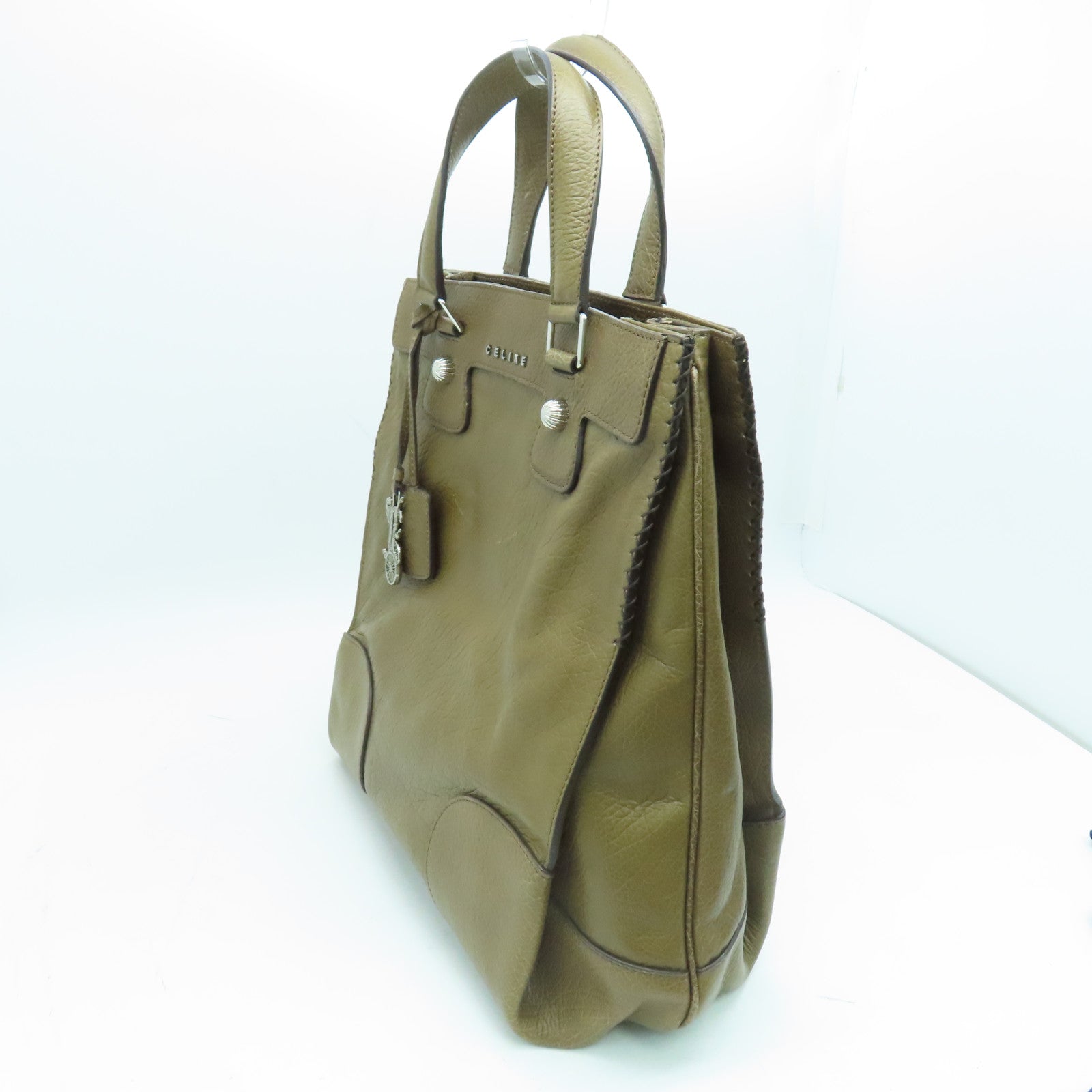 CELINE 牛皮皮革Hand Bag手挽袋银扣深绿色