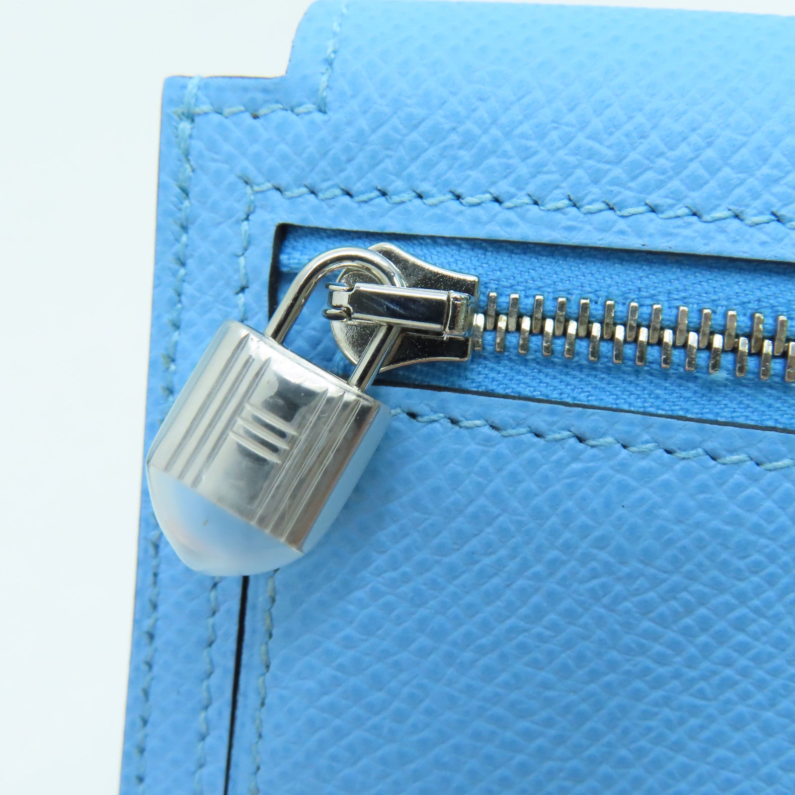 HERMES Epsom皮革Kelly Pochet銀扣錢包藍色