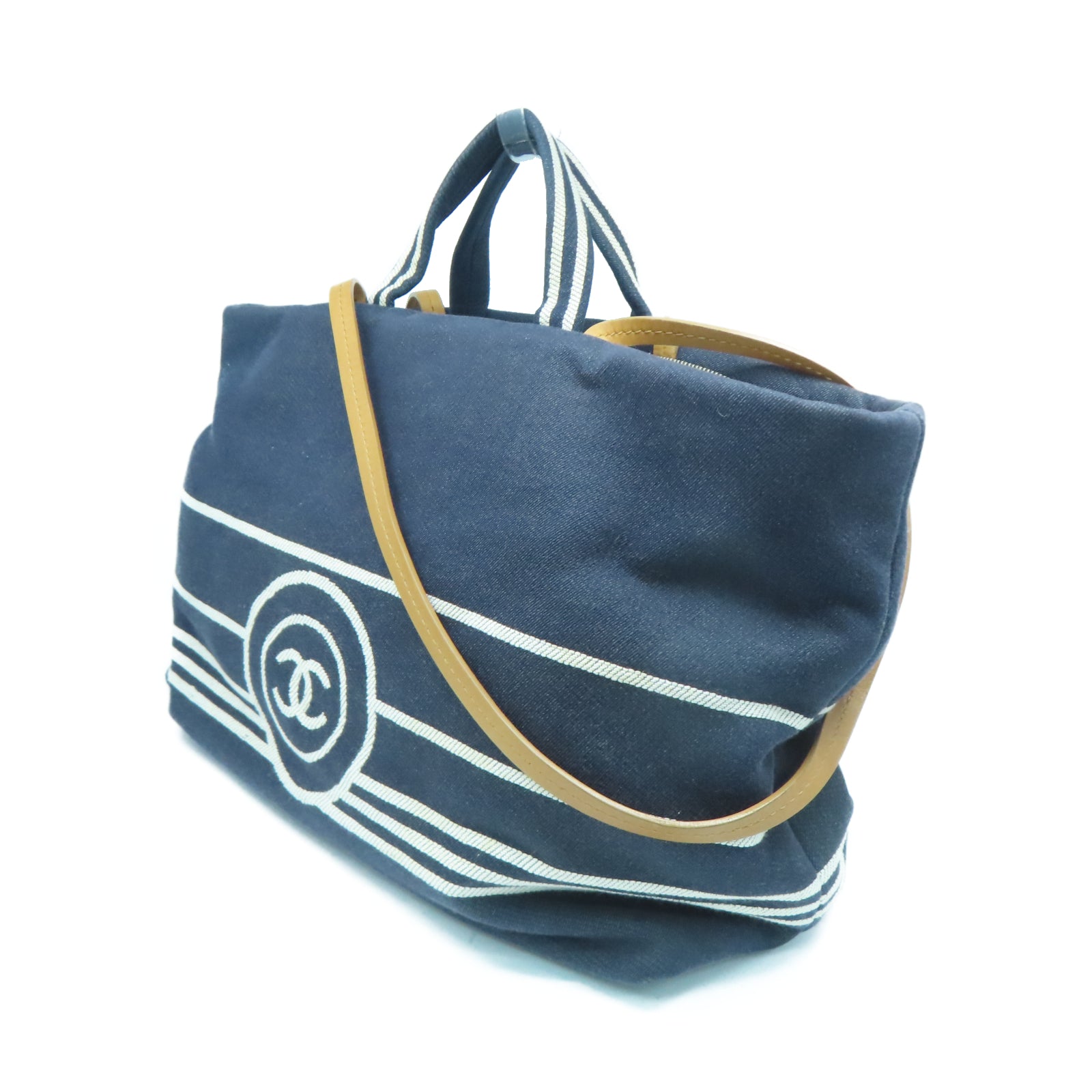 CHANEL 牛仔布/皮革Coco Mark Shoulder Tote銀扣手挽肩背兩用袋藍色