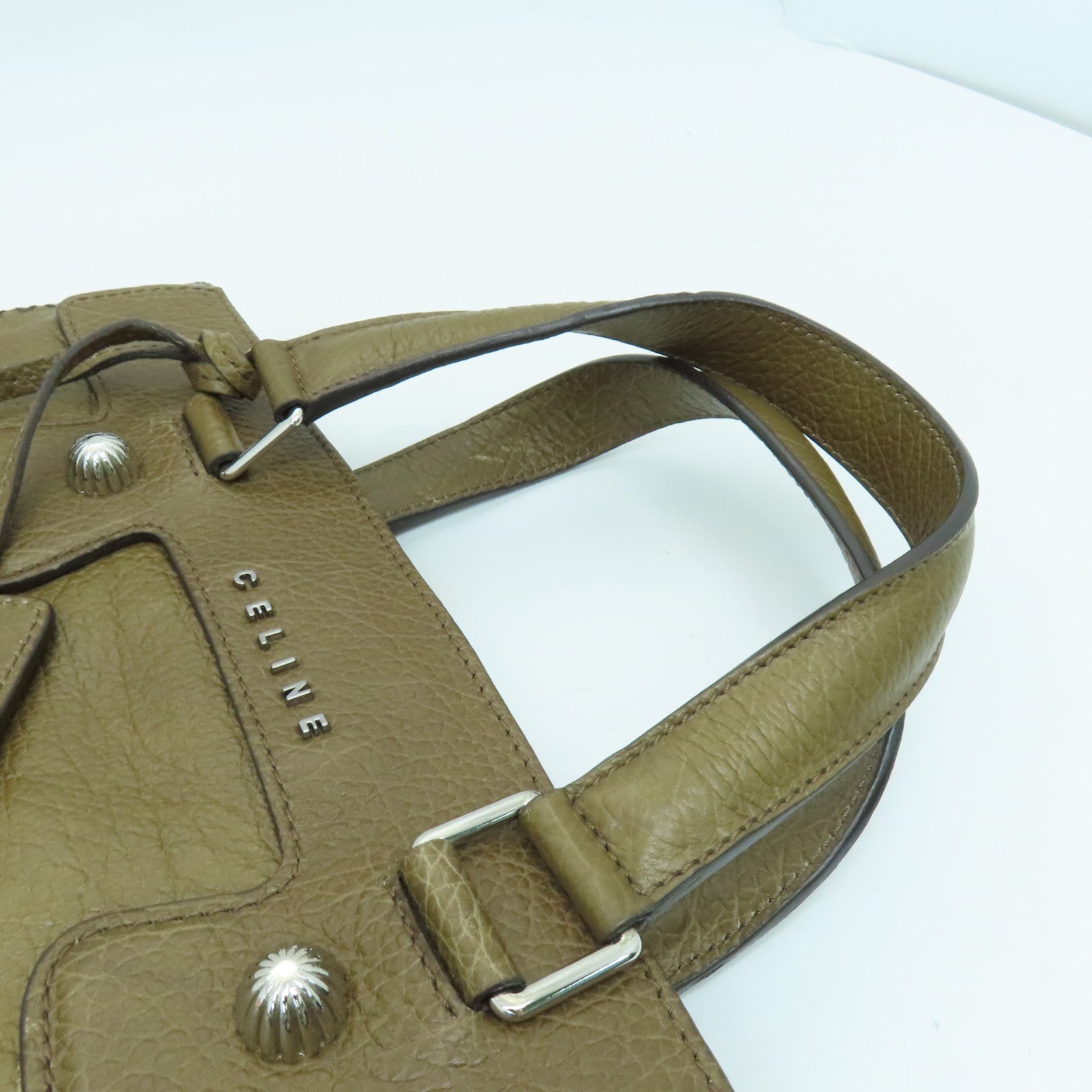 CELINE 牛皮皮革Hand Bag手挽袋银扣深绿色