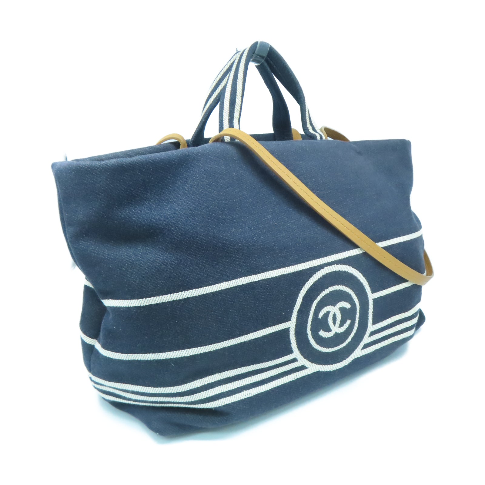 CHANEL 牛仔布/皮革Coco Mark Shoulder Tote銀扣手挽肩背兩用袋藍色