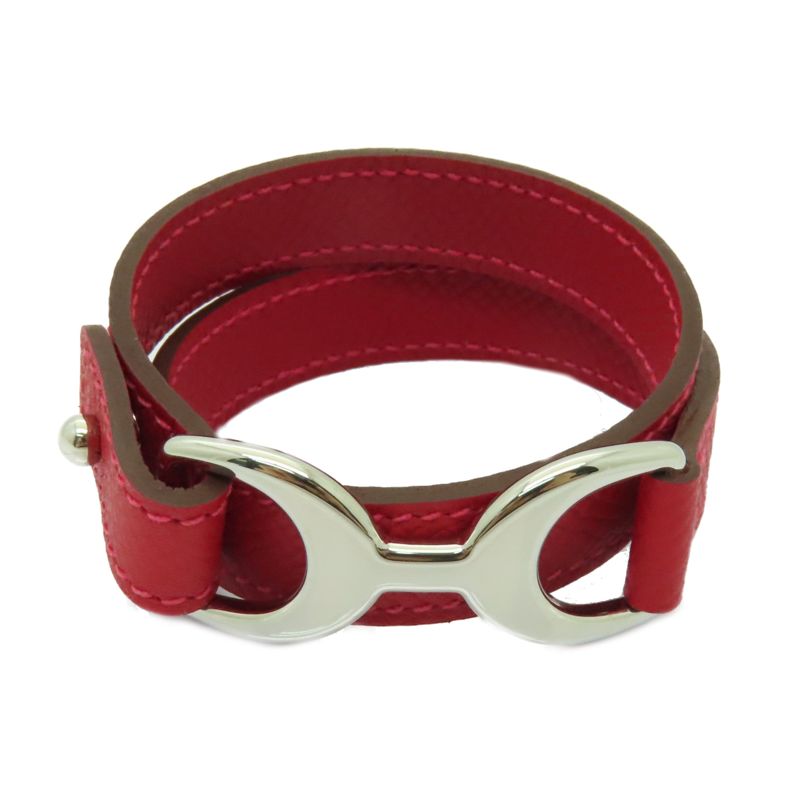 HERMES Epsom皮革Pavane Double Tour銀扣手鐲紅色