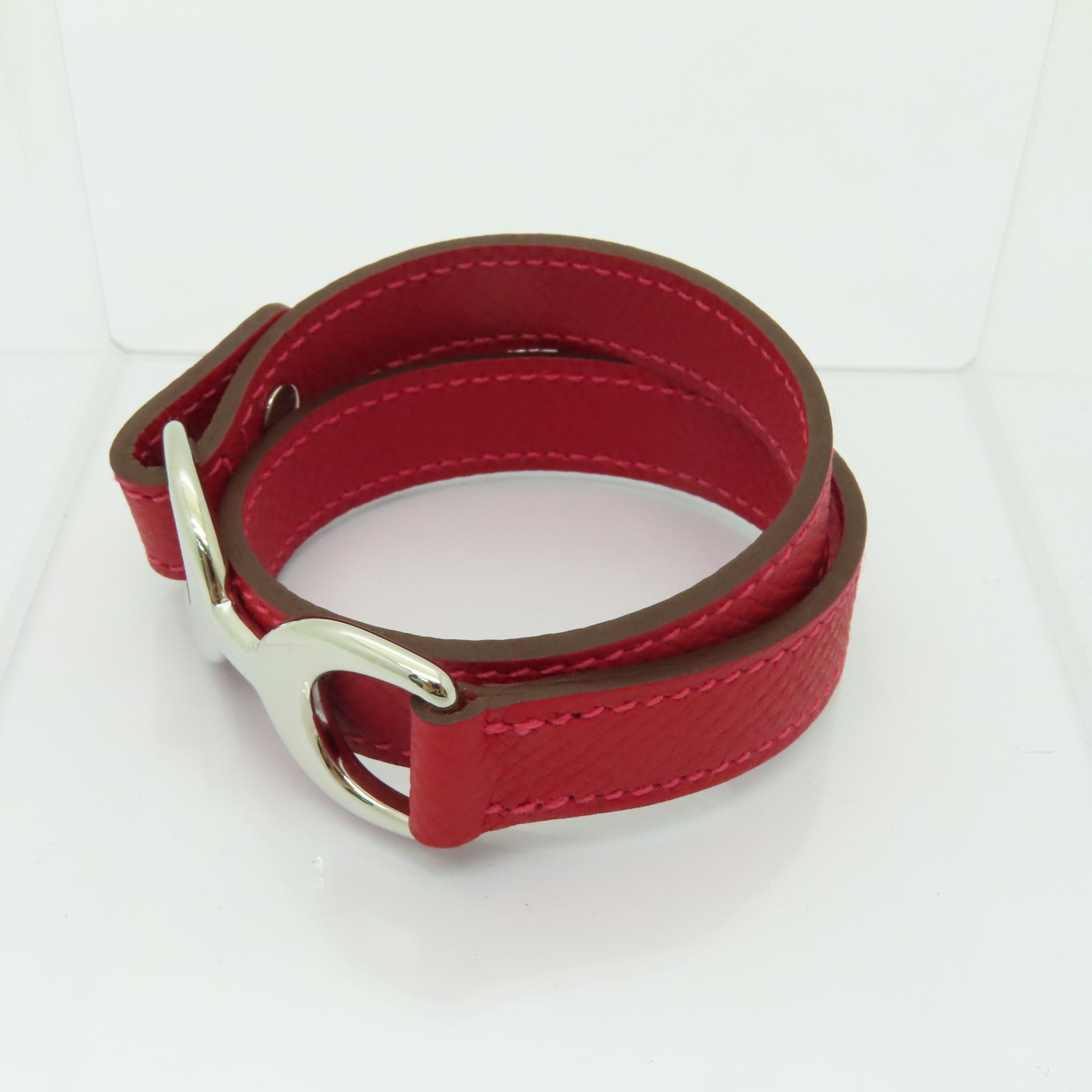 HERMES Epsom皮革Pavane Double Tour銀扣手鐲紅色