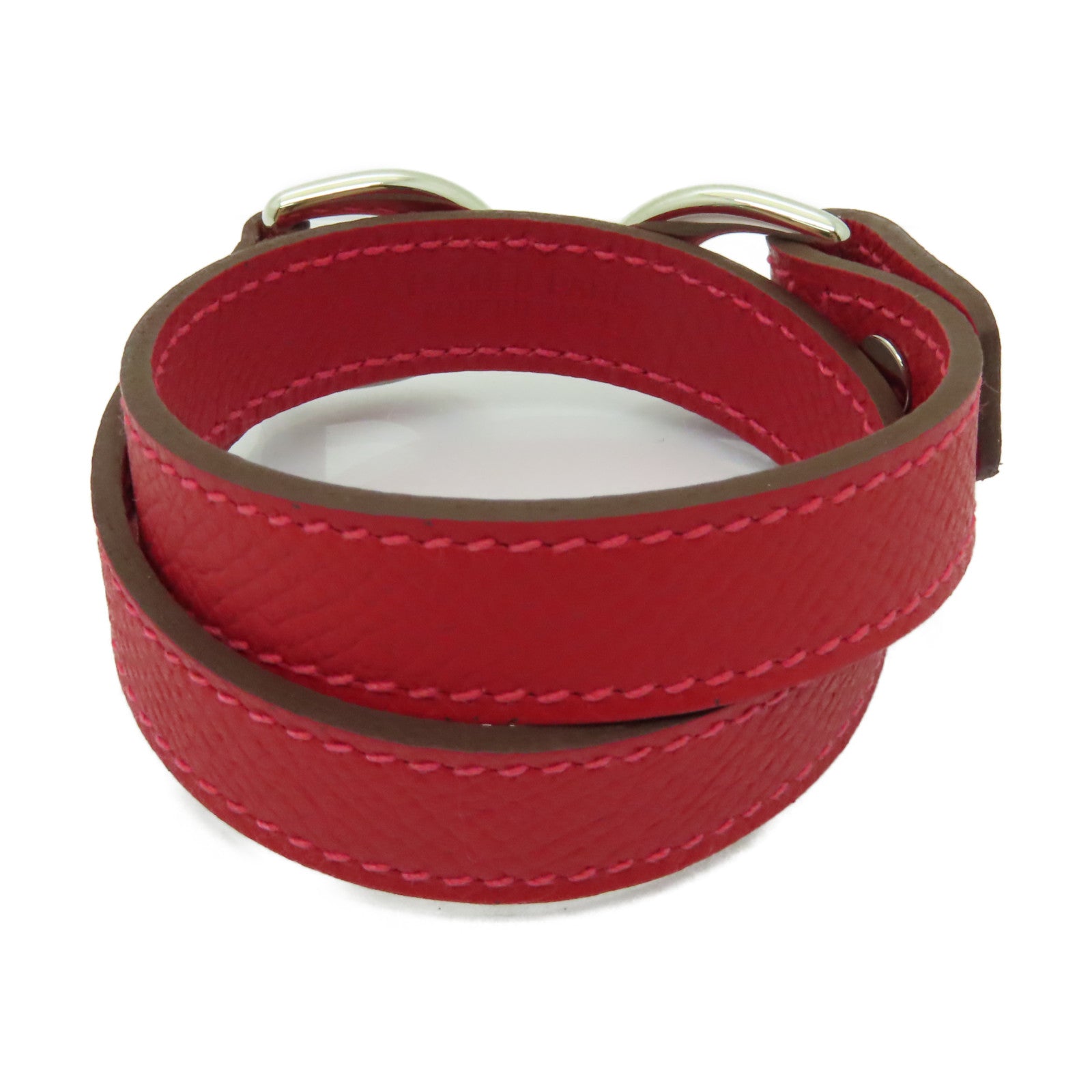 HERMES Epsom皮革Pavane Double Tour銀扣手鐲紅色